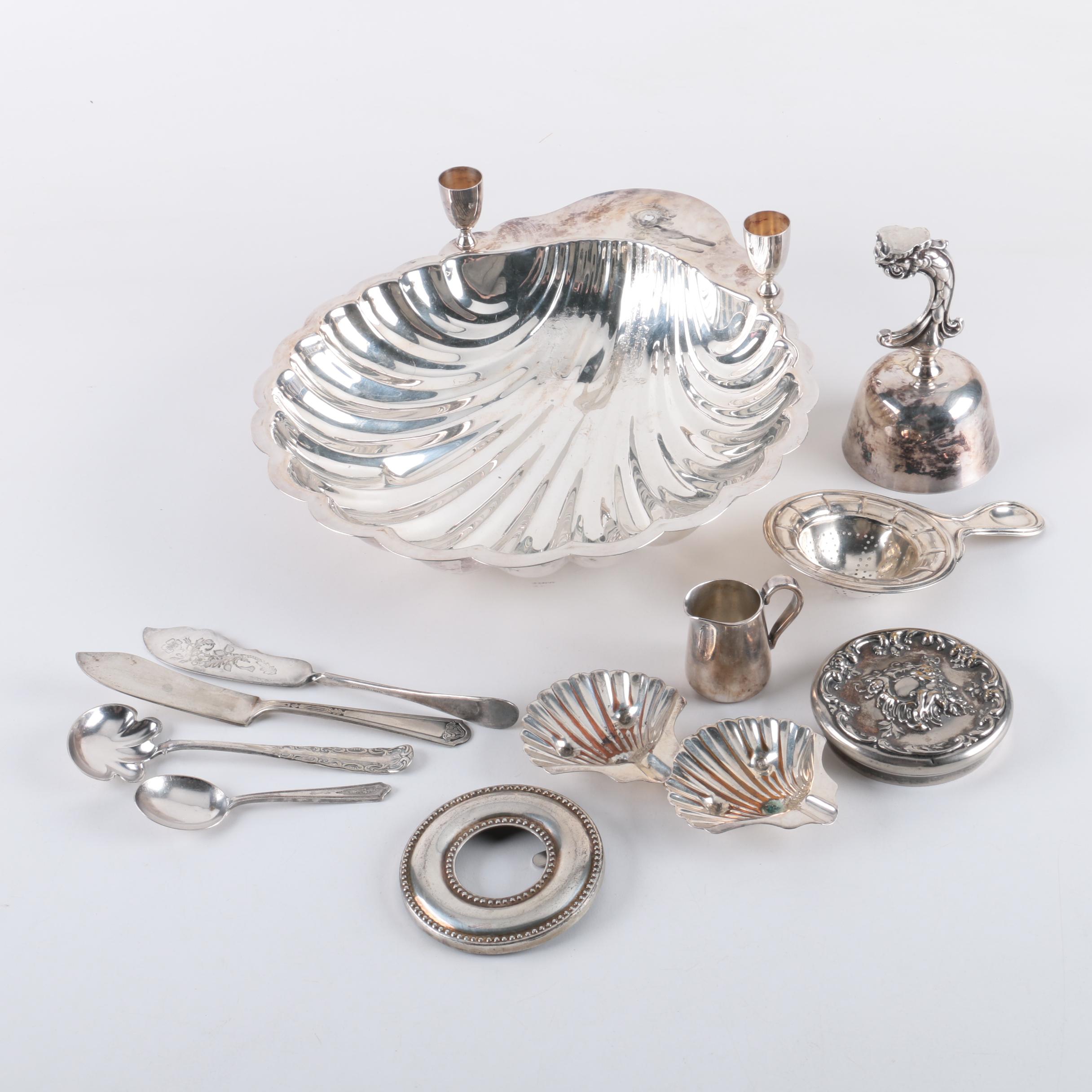 F.B. Rogers Silver Co. Shell Serving Tray with Other Silver Plate Tableware