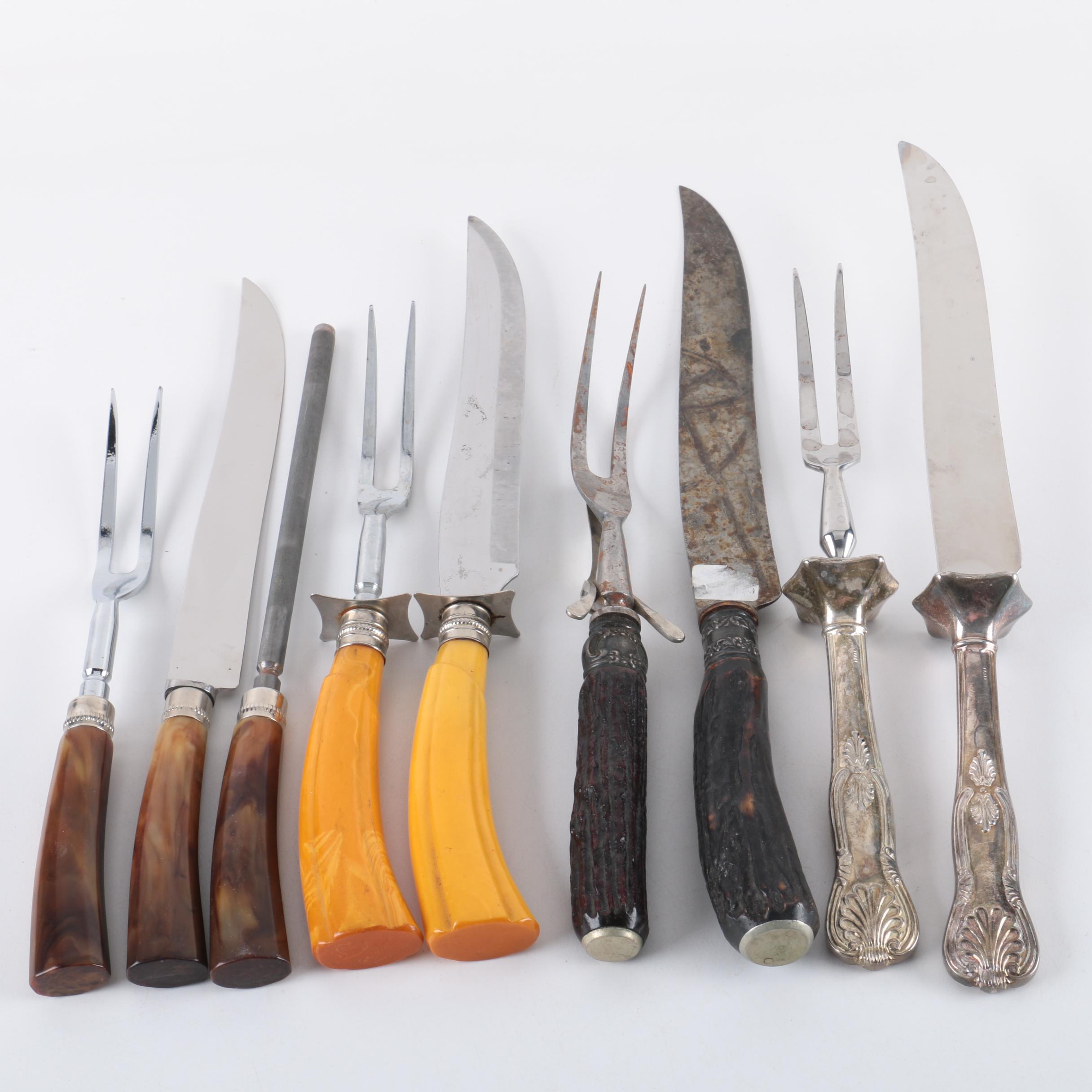 Vintage Silver Plate Carving Set and Assorted Carving Utensils