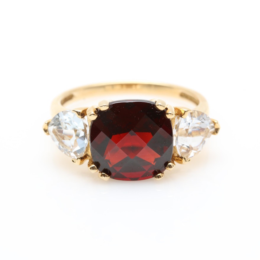 14K Yellow Gold Garnet and Synthetic White Sapphire Ring