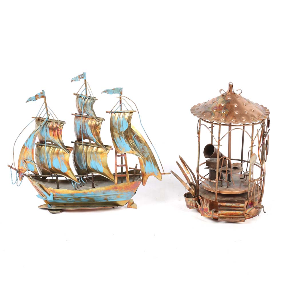 Copper Gazebo Music Box and Brass Ship Figurine