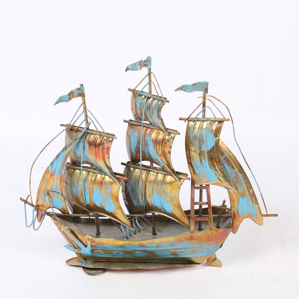 Copper Gazebo Music Box and Brass Ship Figurine