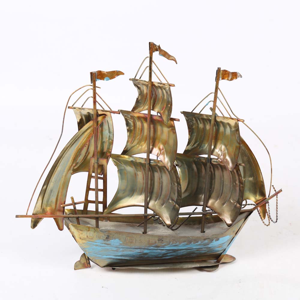 Copper Gazebo Music Box and Brass Ship Figurine