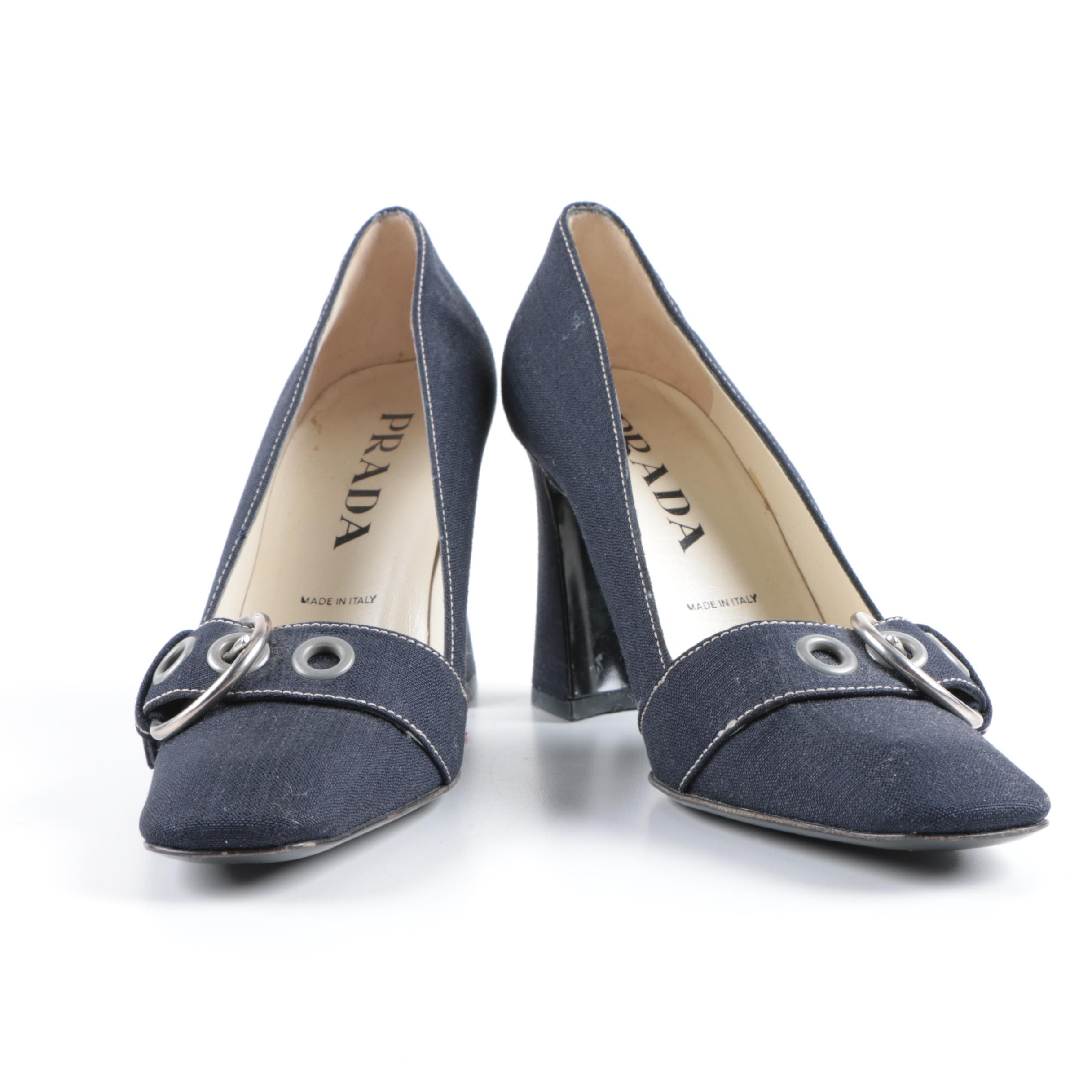Women's Prada Navy Blue Denim Buckle Pumps