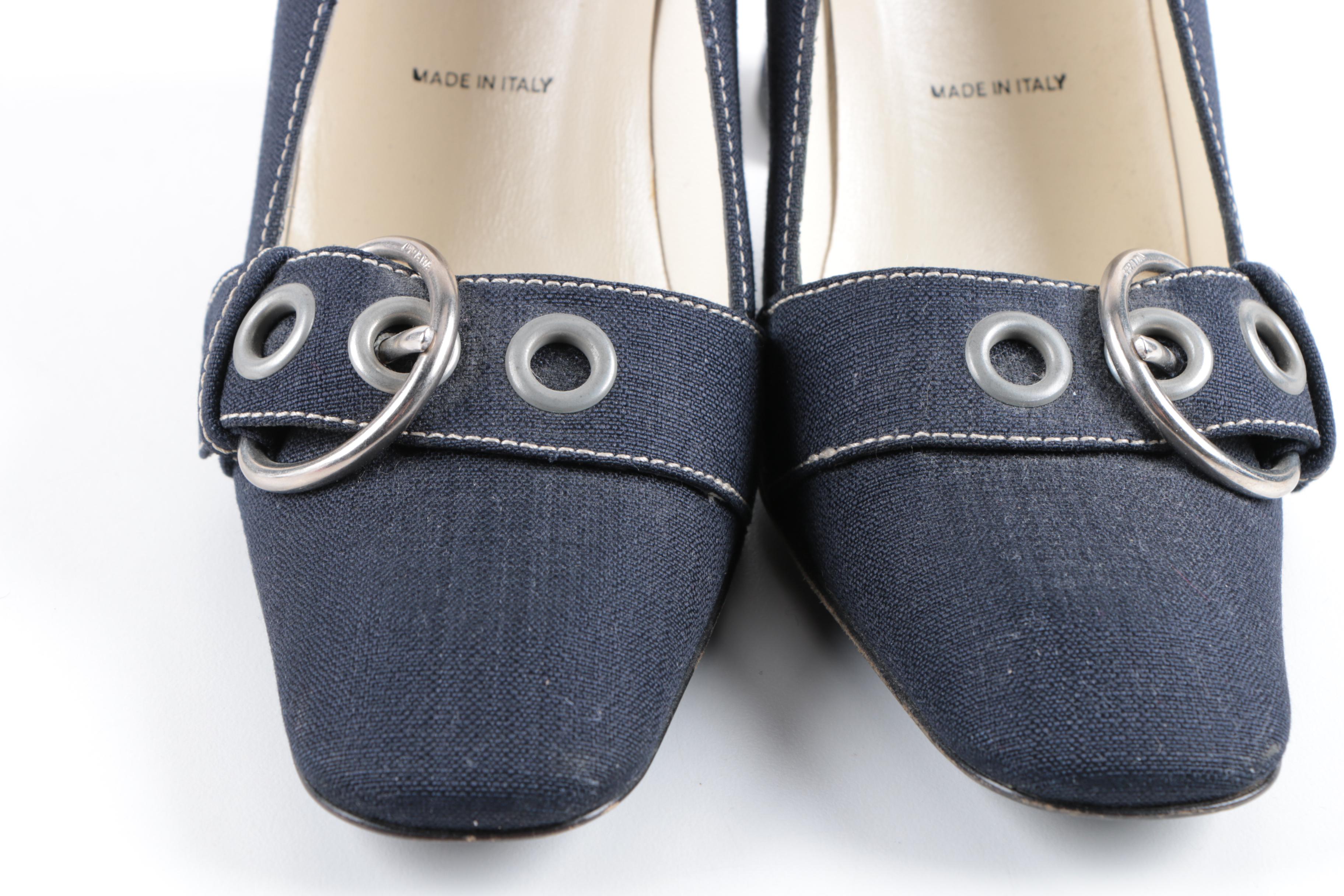 Women's Prada Navy Blue Denim Buckle Pumps