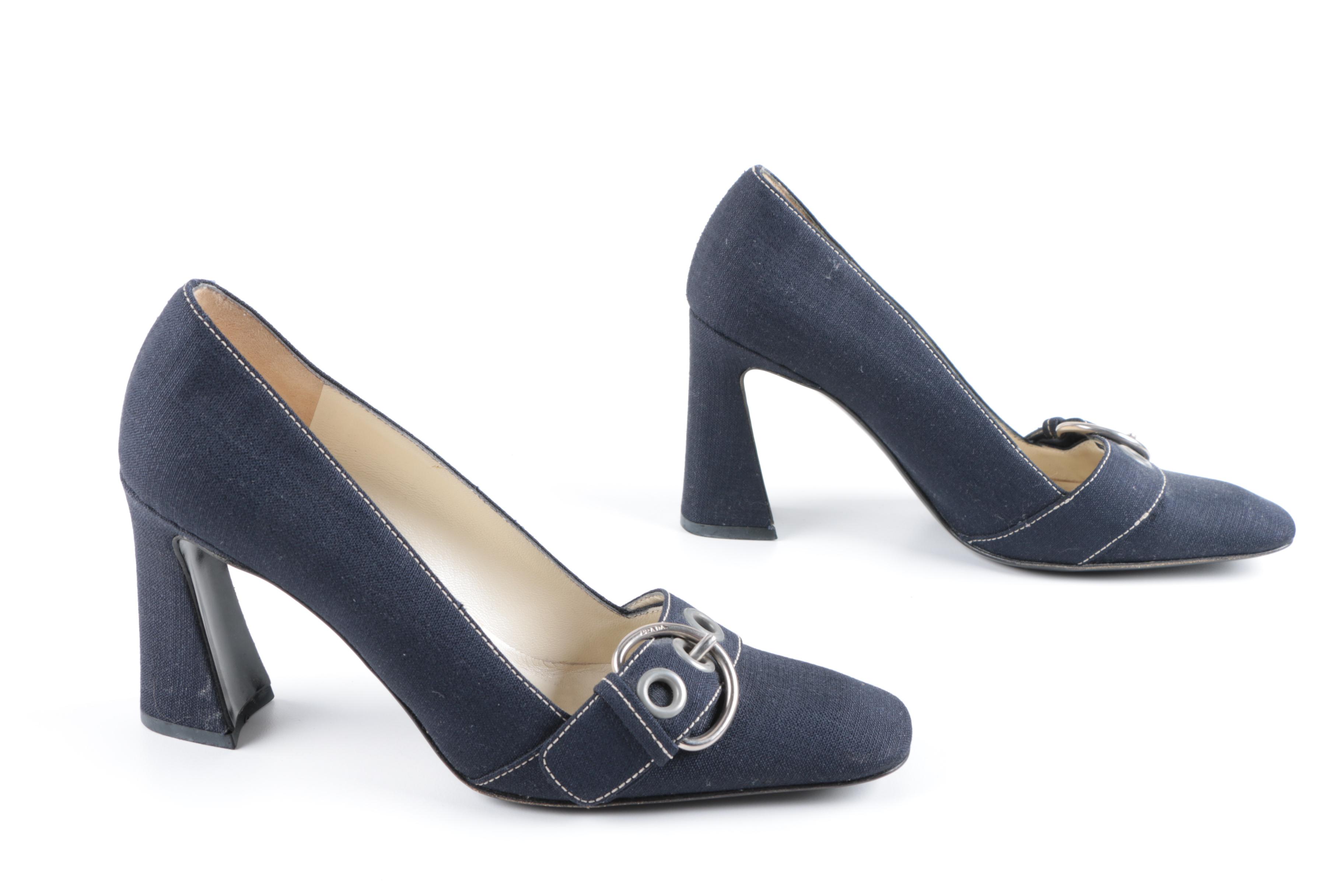Women's Prada Navy Blue Denim Buckle Pumps