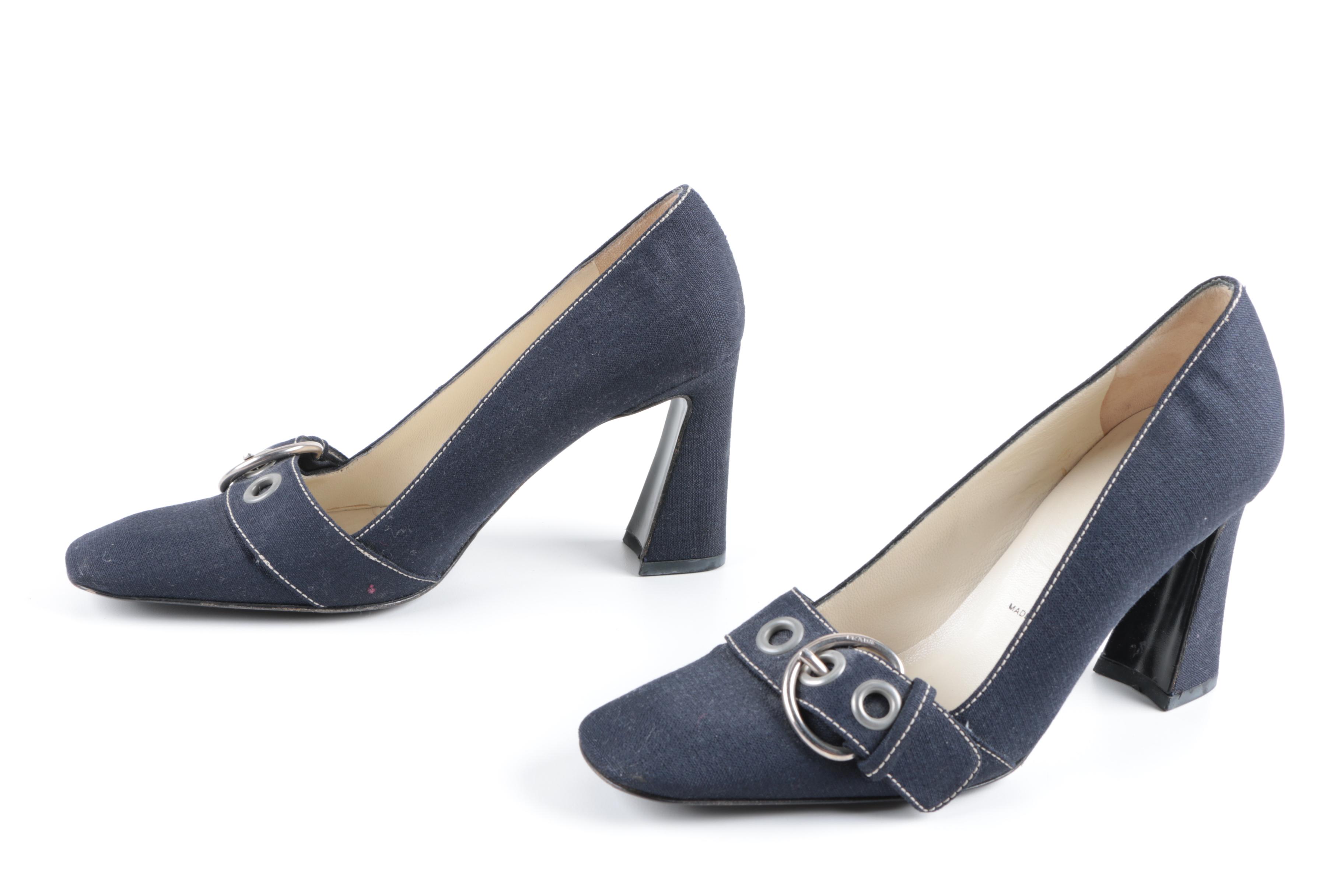 Women's Prada Navy Blue Denim Buckle Pumps