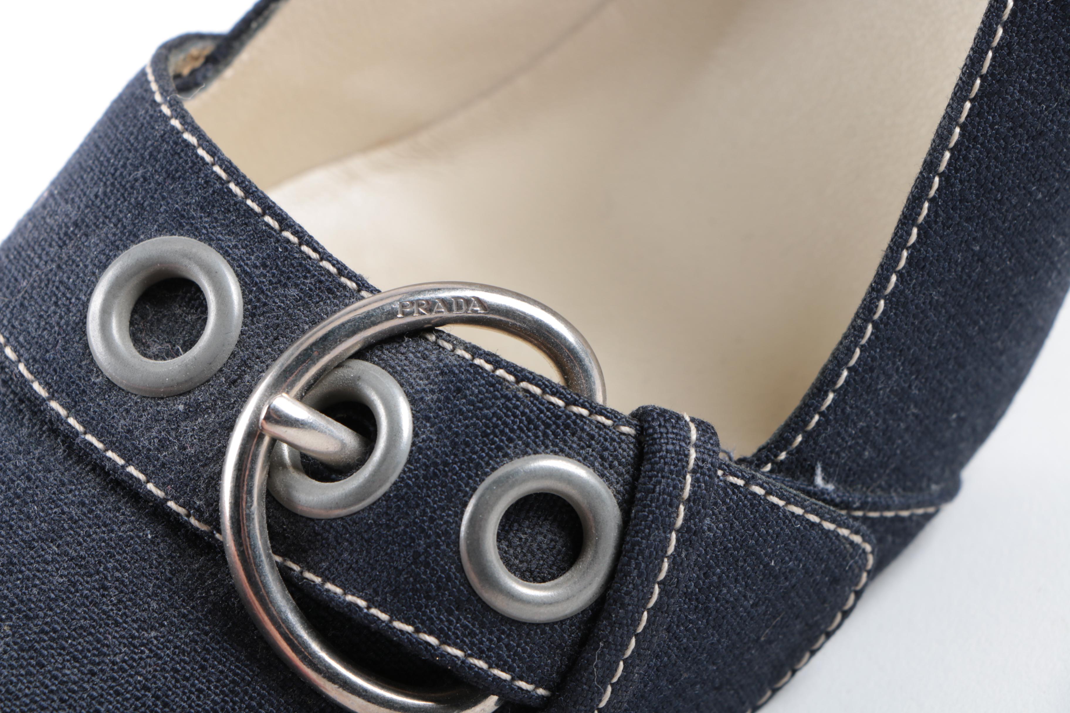 Women's Prada Navy Blue Denim Buckle Pumps