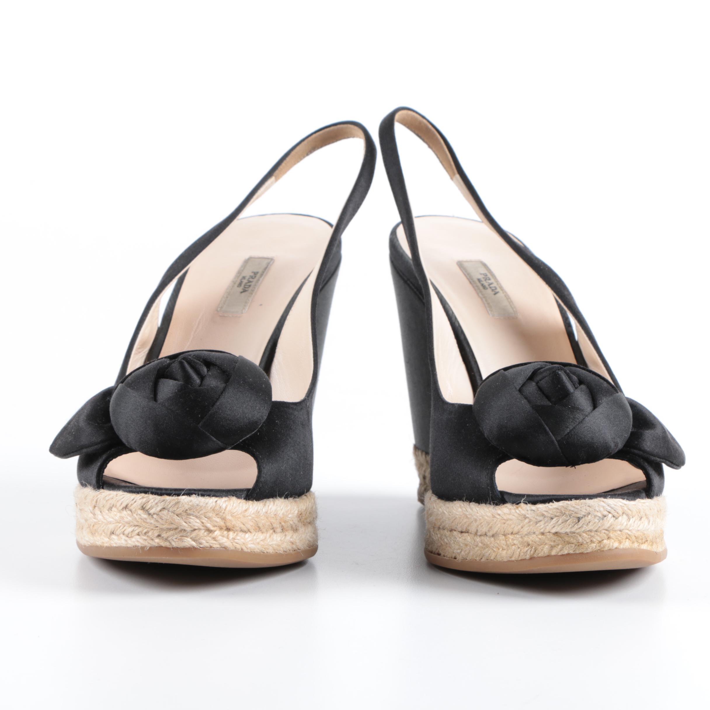 Women's Prada Black Satin Woven Wedge Heel Espadrilles with Rosette