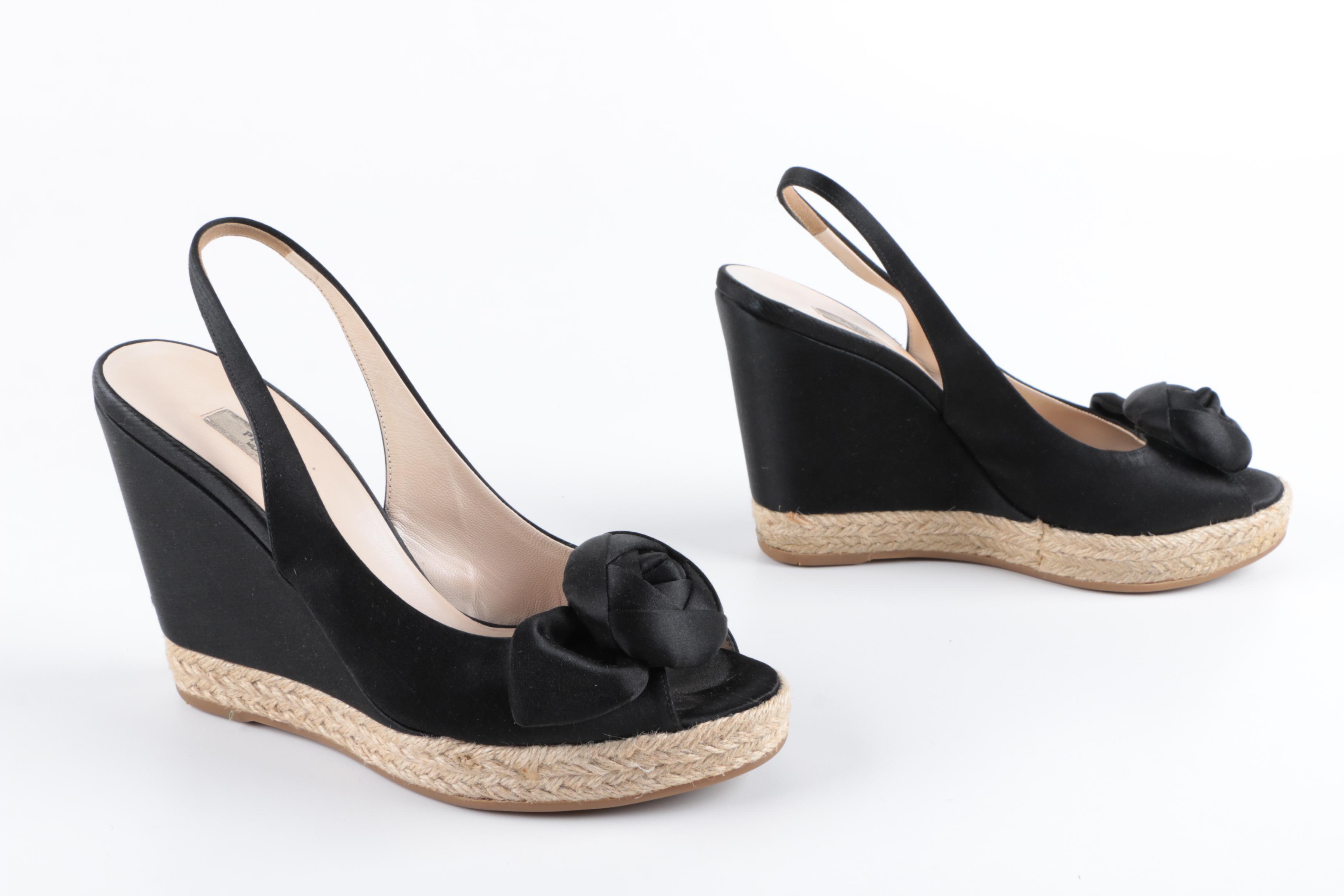 Women's Prada Black Satin Woven Wedge Heel Espadrilles with Rosette