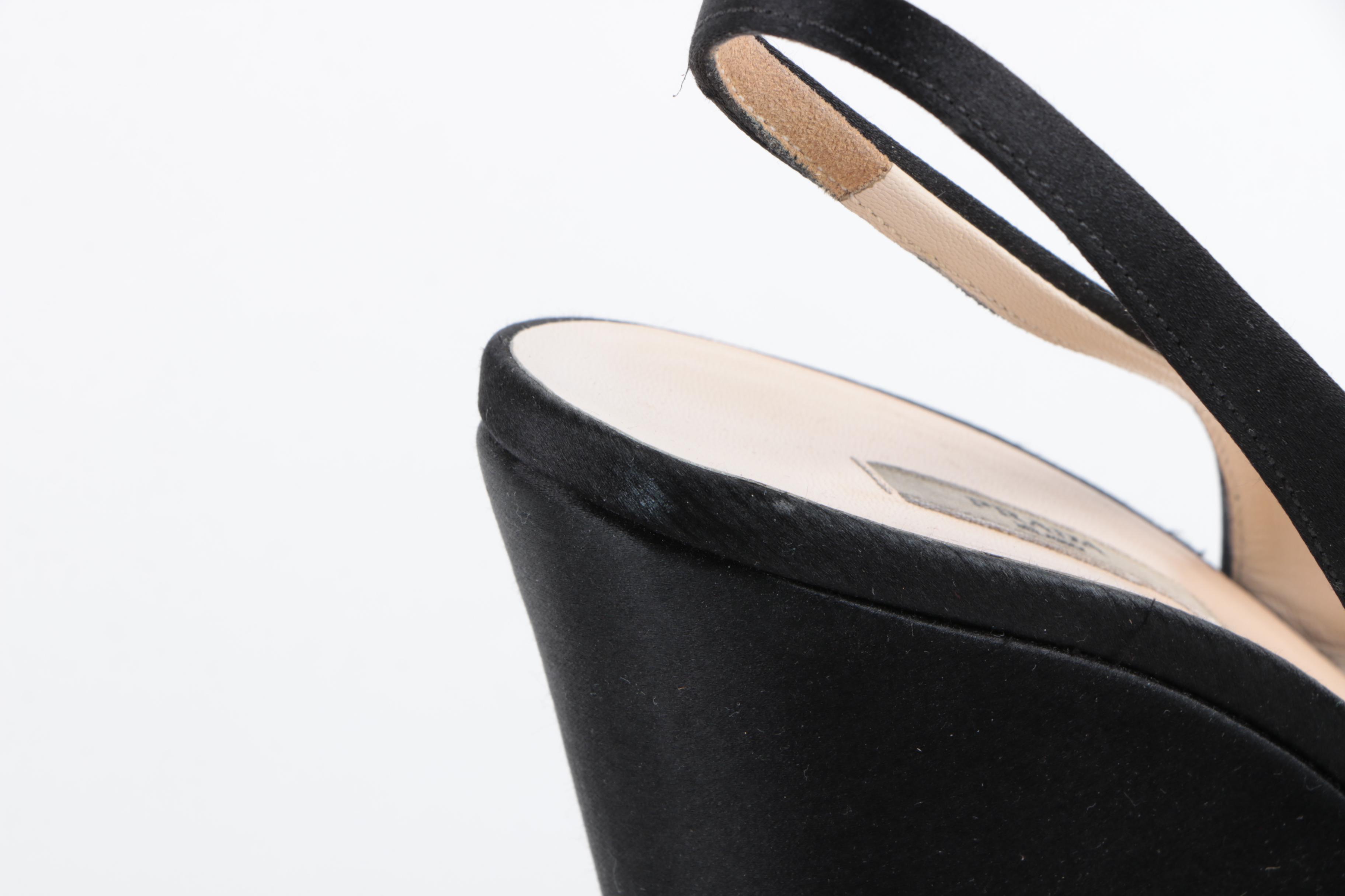 Women's Prada Black Satin Woven Wedge Heel Espadrilles with Rosette