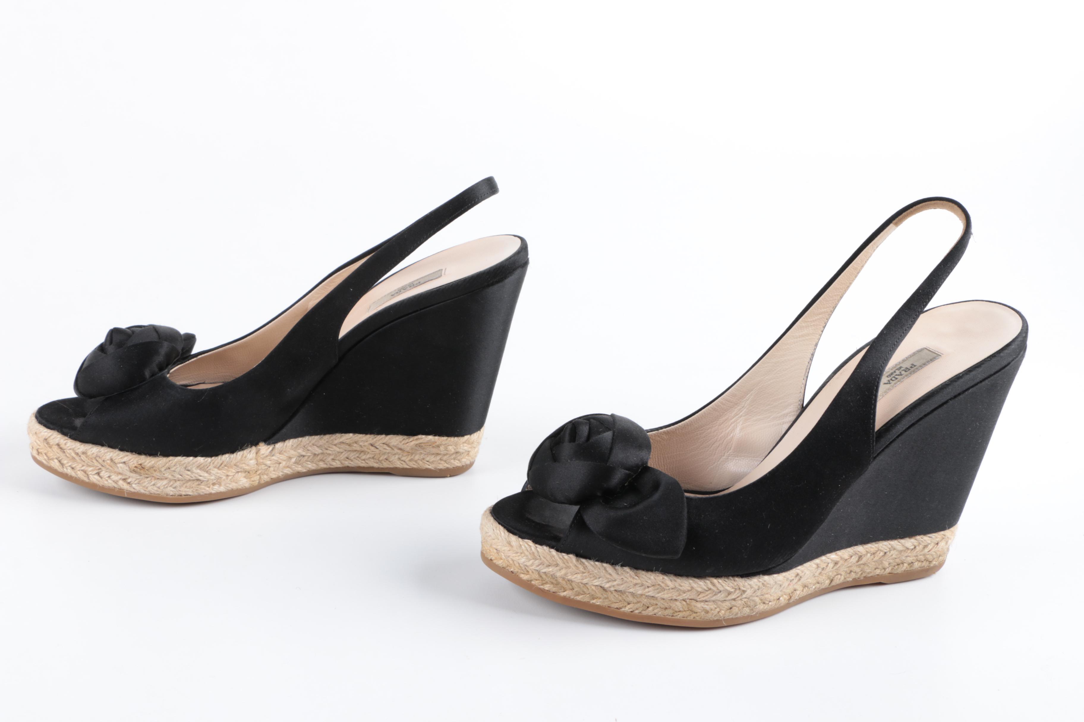 Women's Prada Black Satin Woven Wedge Heel Espadrilles with Rosette