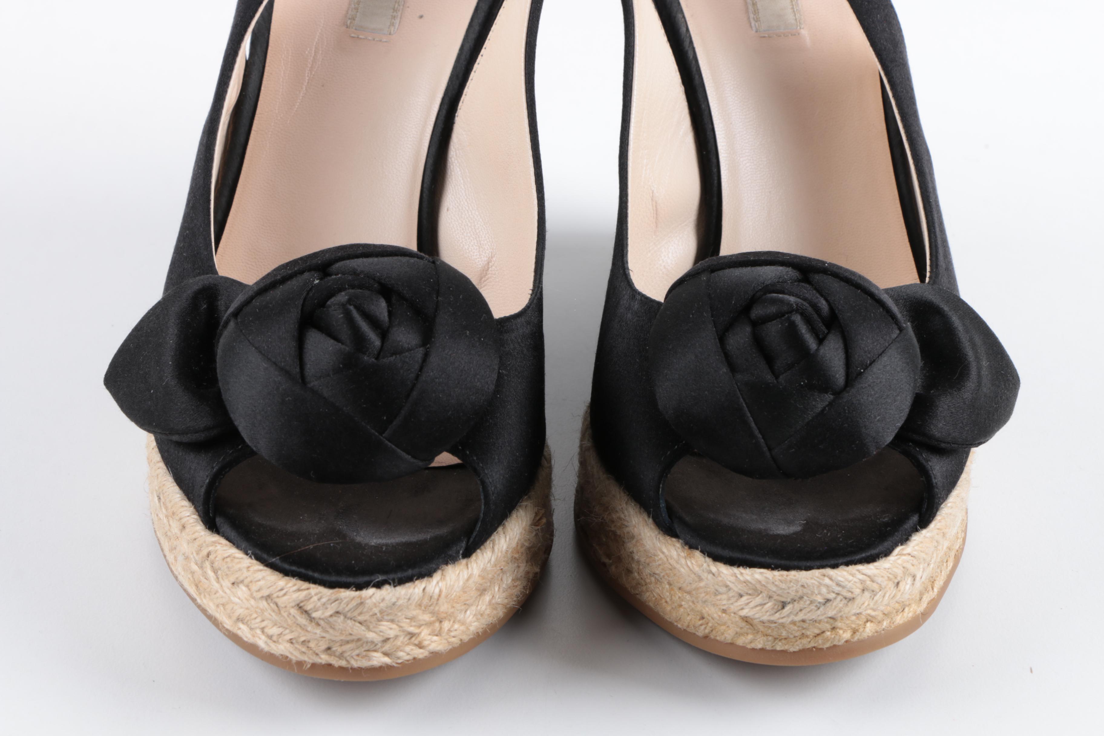 Women's Prada Black Satin Woven Wedge Heel Espadrilles with Rosette