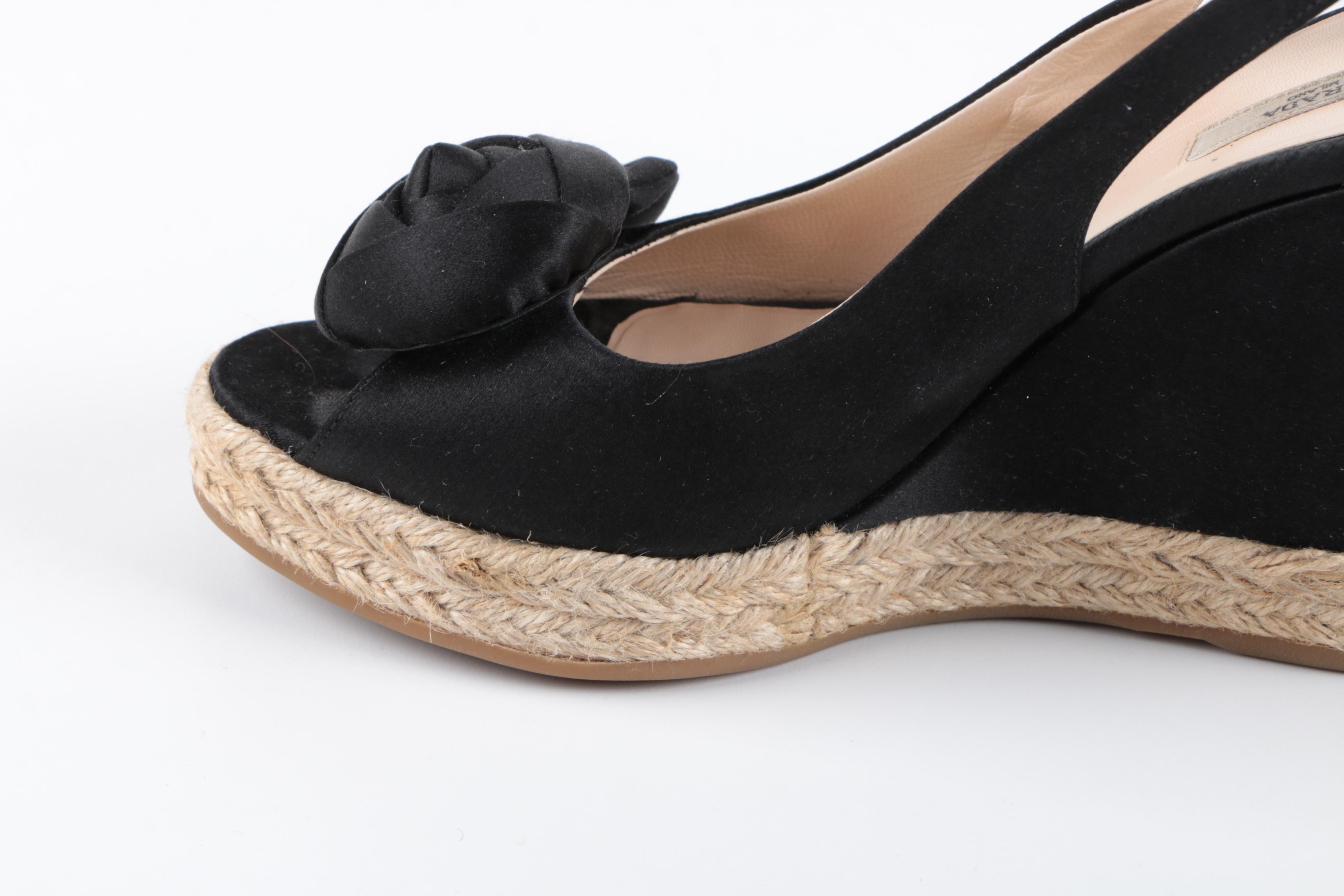 Women's Prada Black Satin Woven Wedge Heel Espadrilles with Rosette