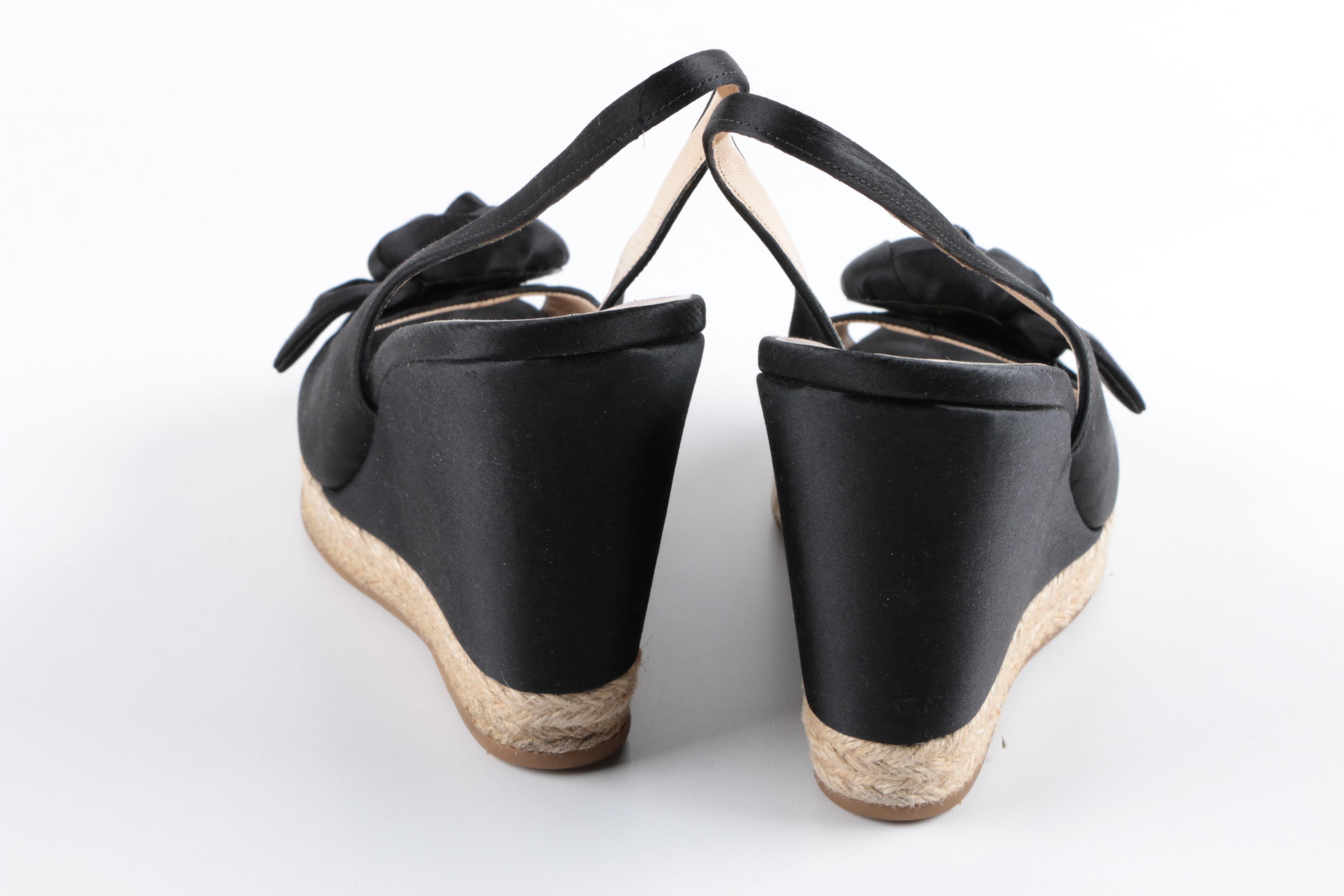 Women's Prada Black Satin Woven Wedge Heel Espadrilles with Rosette