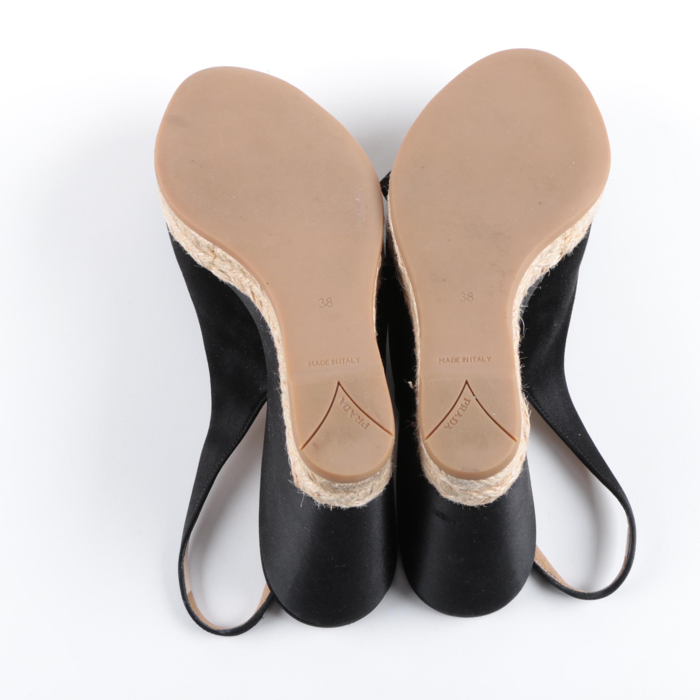 Women's Prada Black Satin Woven Wedge Heel Espadrilles with Rosette