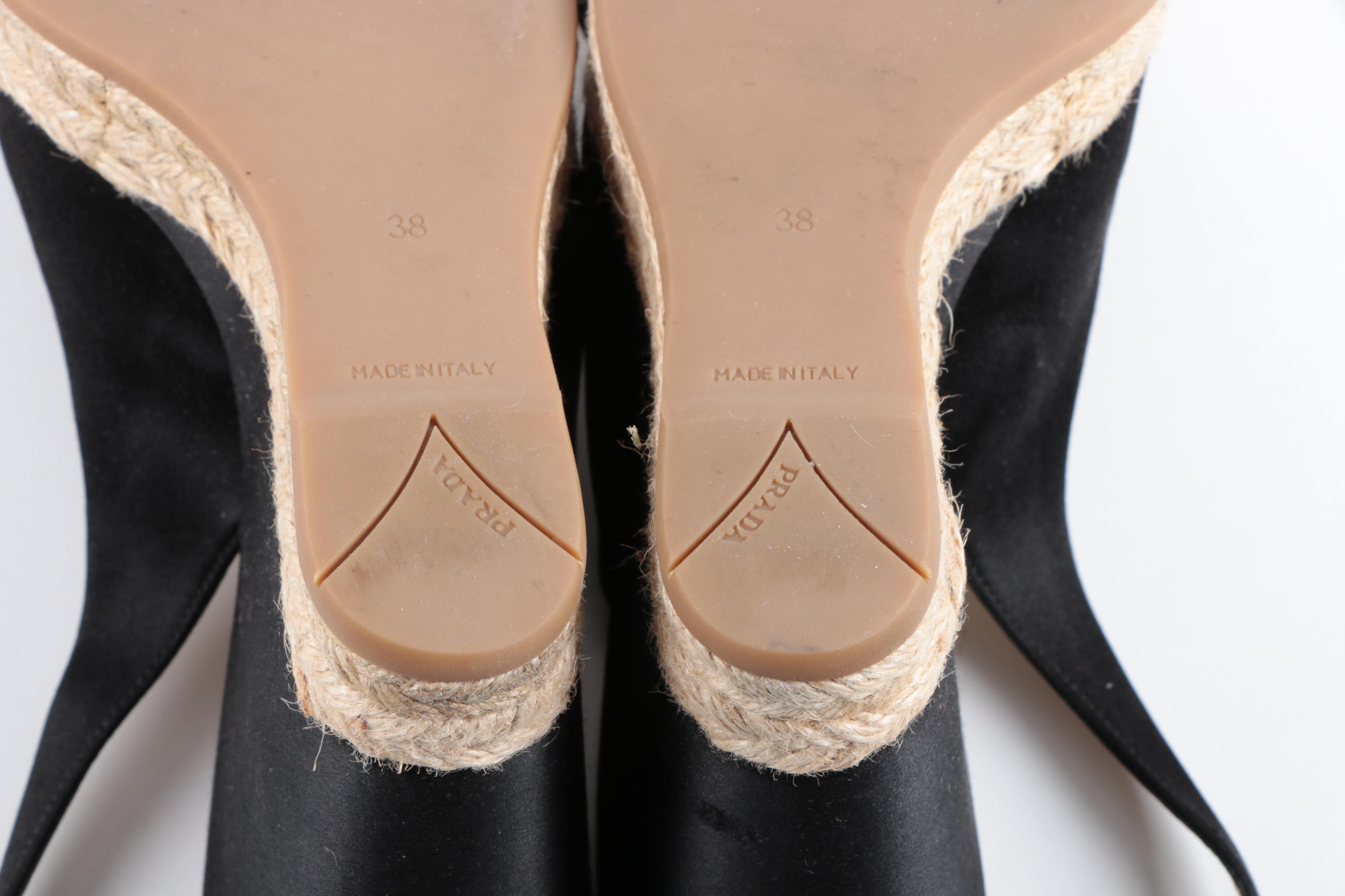 Women's Prada Black Satin Woven Wedge Heel Espadrilles with Rosette
