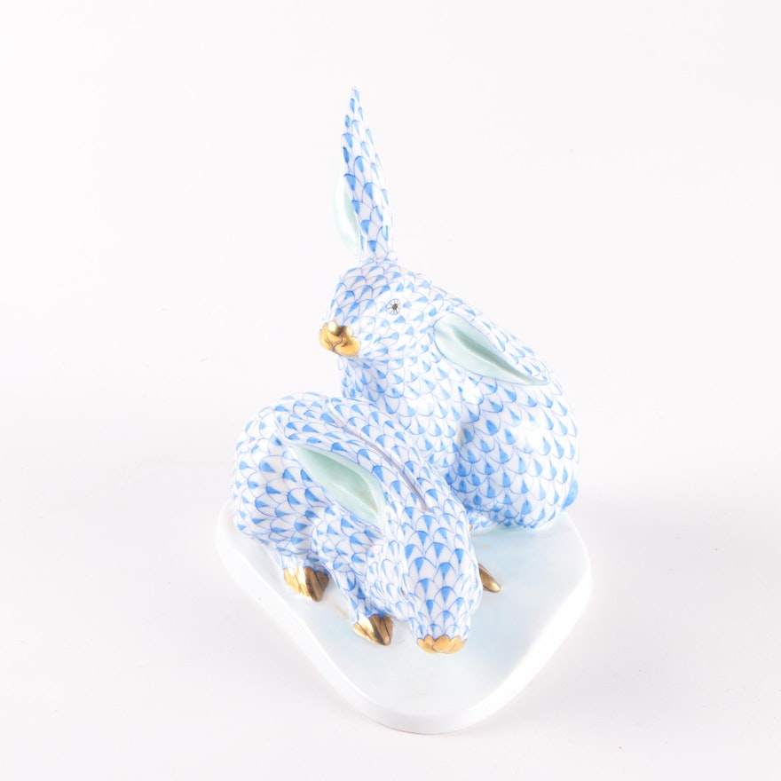 Herend Hand-Painted Porcelain Blue Fishnet Rabbit Pair