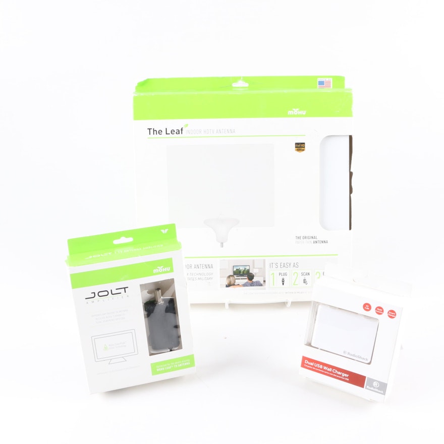 Mohu TV Antenna, Jolt Amplifier and Radio Shack USB Charger