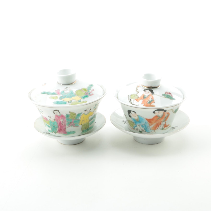 Chinese Ceramic Lidded Soup Bowls with Saucers