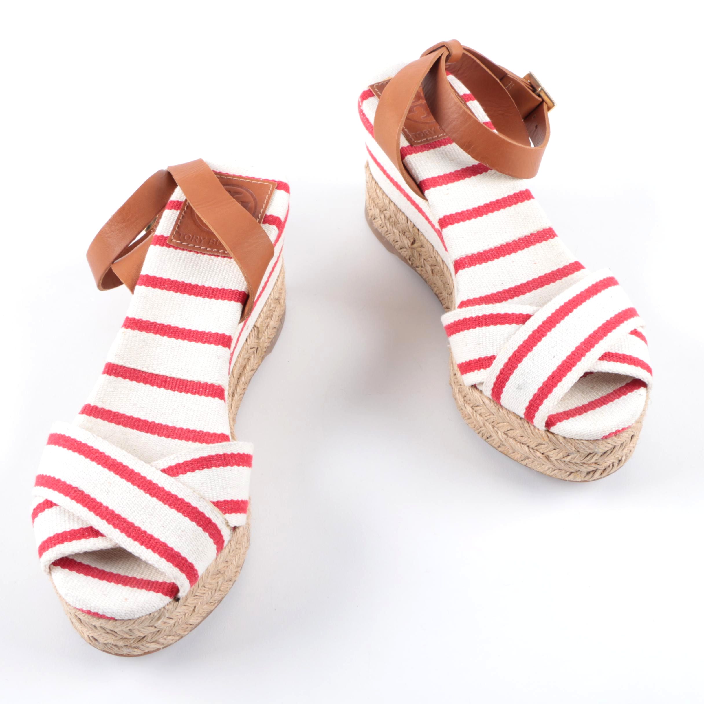 Tory Burch Red and White Striped Wedges with Tan Leather Straps