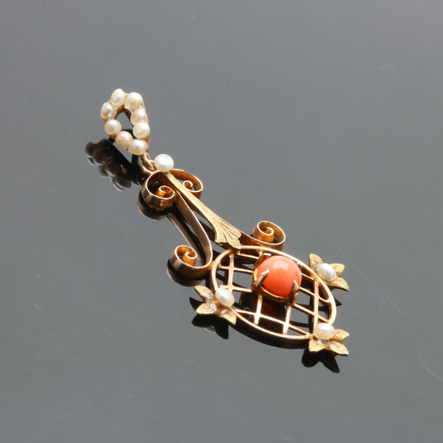 Arts and Crafts 14K Yellow Gold Coral and Seed Pearl Lavalier Pendant