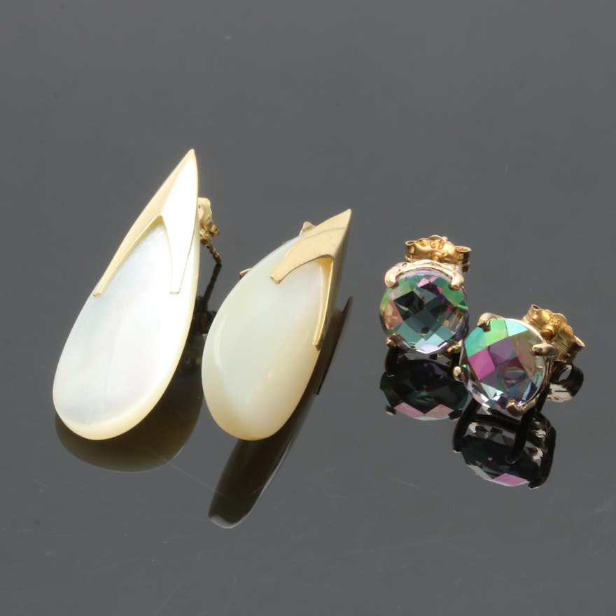 14K Yellow Gold Mother of Pearl and Mystic Topaz Stud Earrings