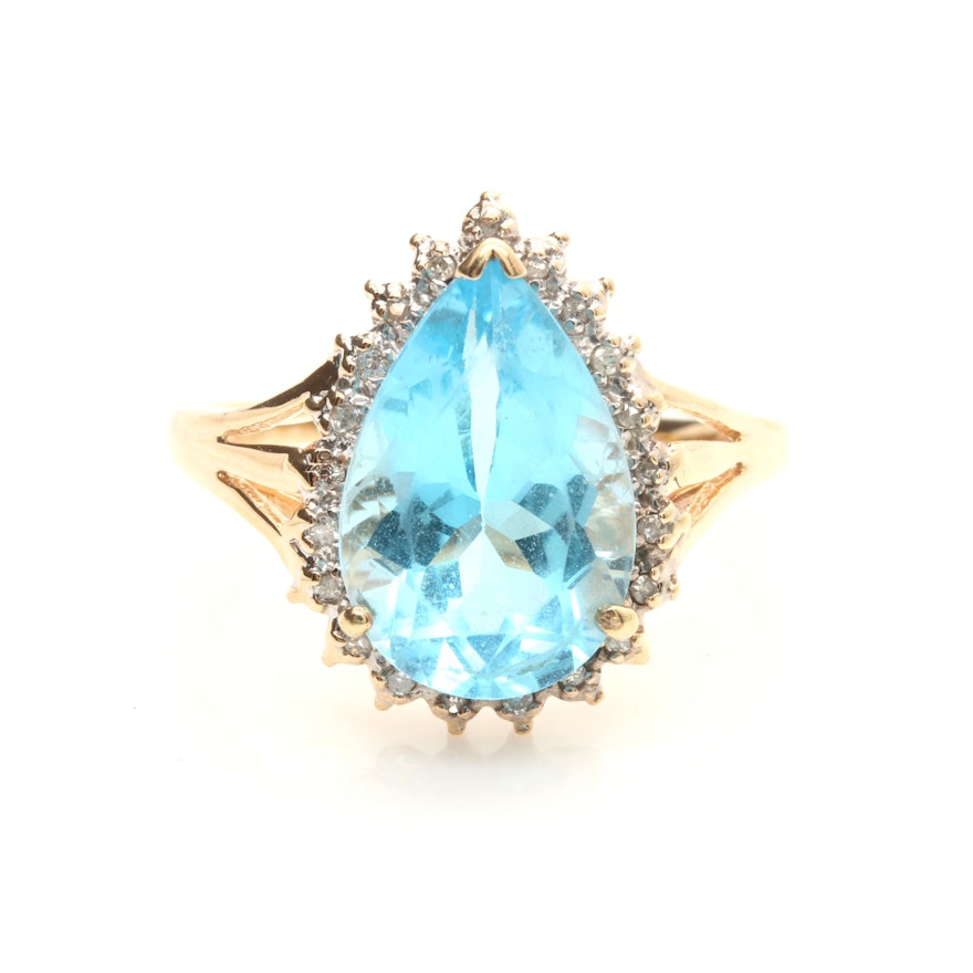10K Yellow Gold Blue Topaz and Diamond Cocktail Ring