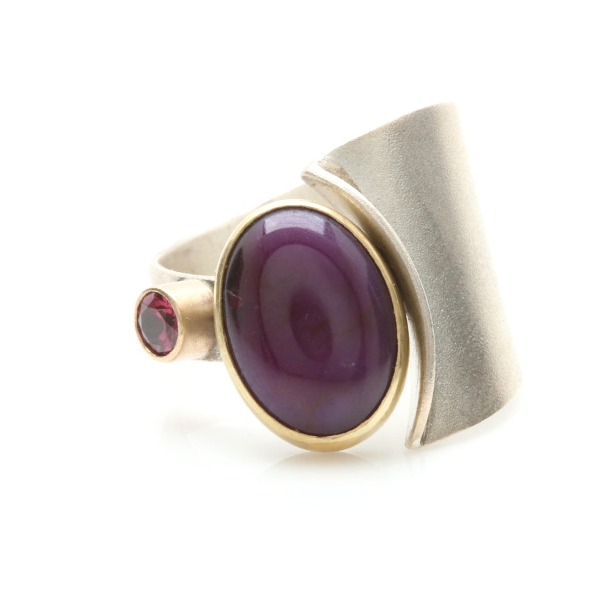 Modern Sterling Silver and Yellow Gold Sugilite and Rhodolite Garnet Ring