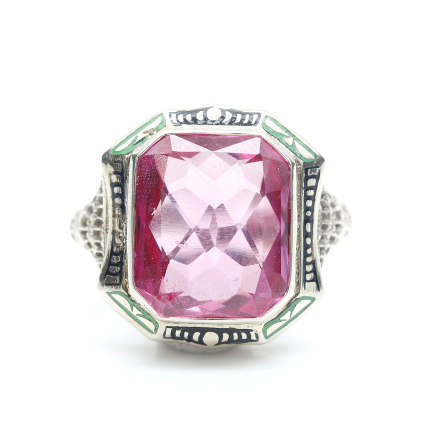 Art Deco 14K White Gold Synthetic Pink Sapphire Ring