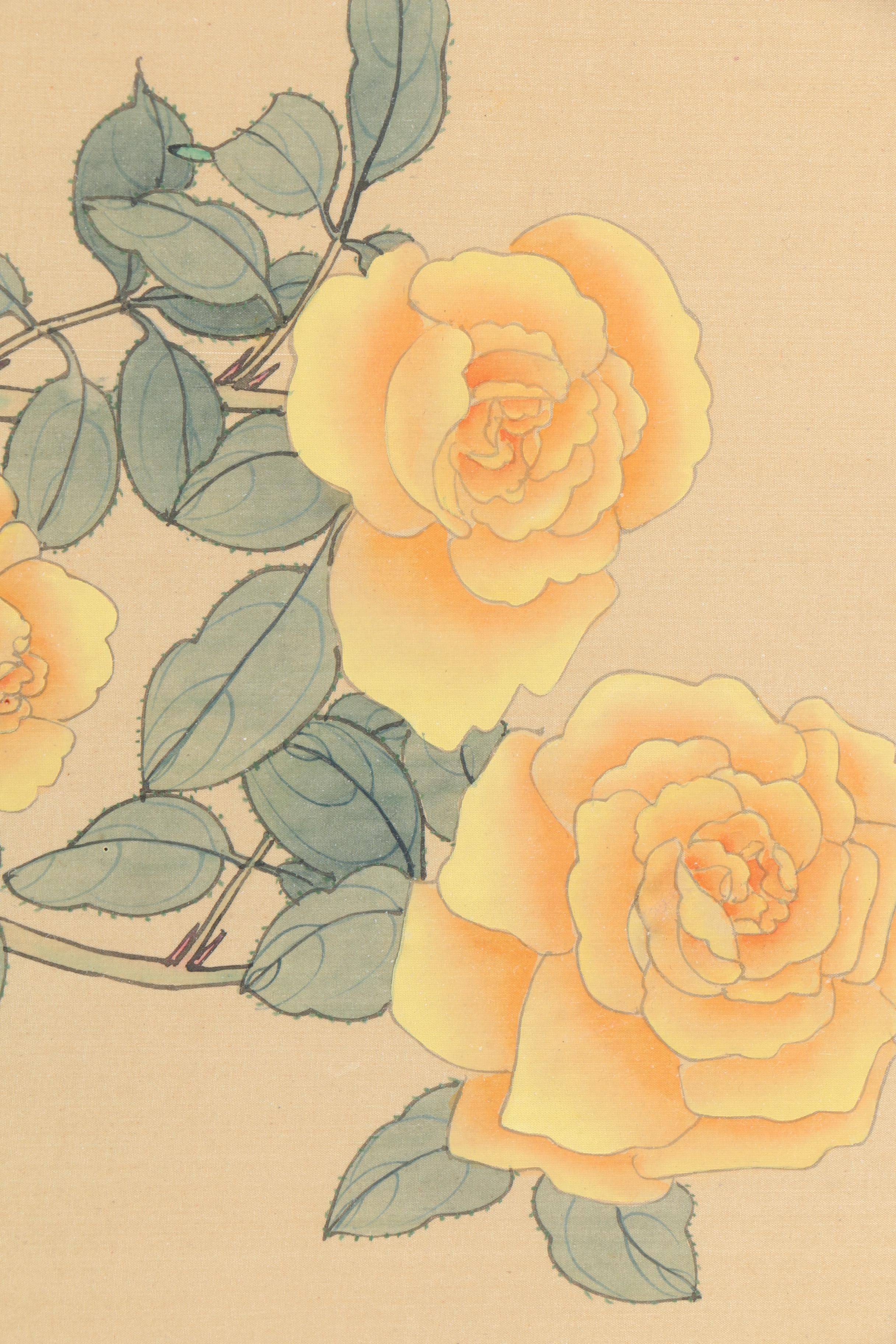 Chinese Watercolor Painting on Silk of Yellow Roses
