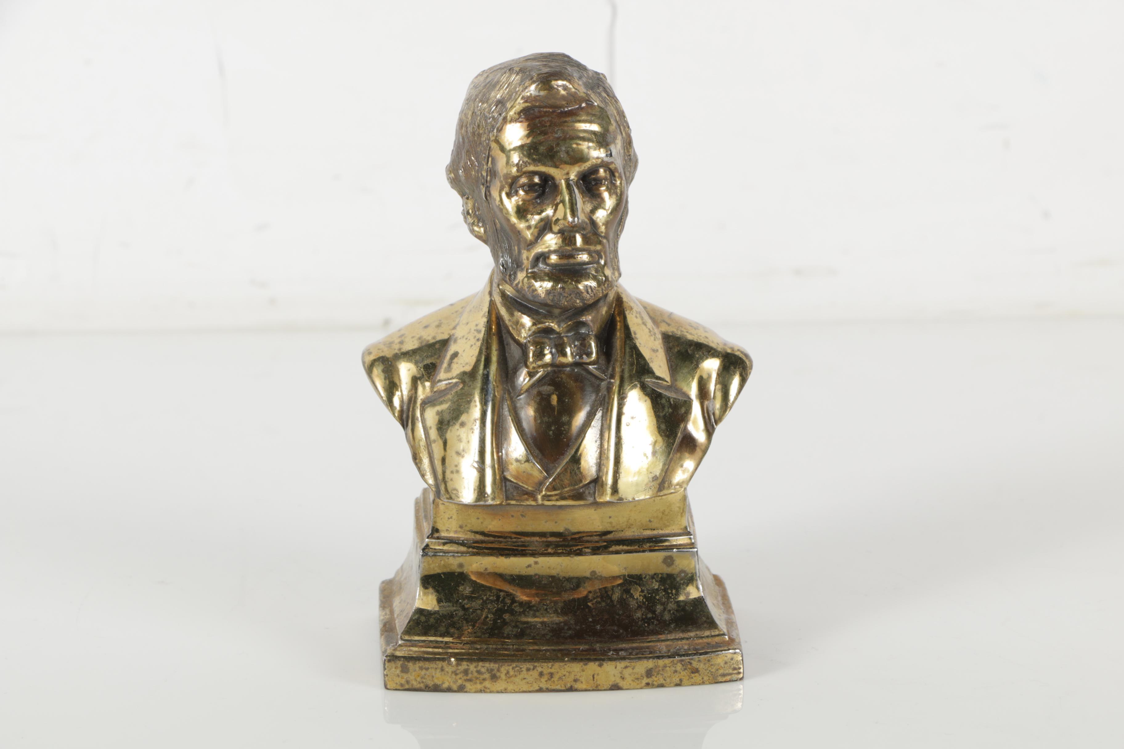 Brass Tone Bust of Abraham Lincoln and Marion Bronze Company "President" Bookend