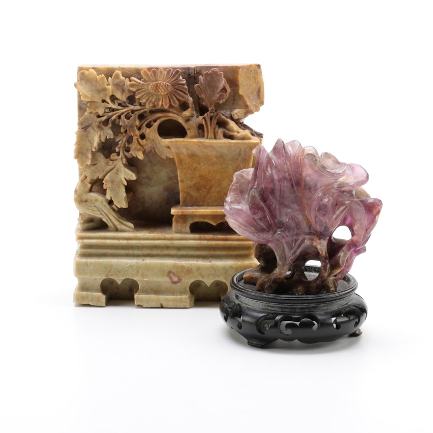 Chinese Carved Amethyst Flower and  Soapstone Floral Figurines