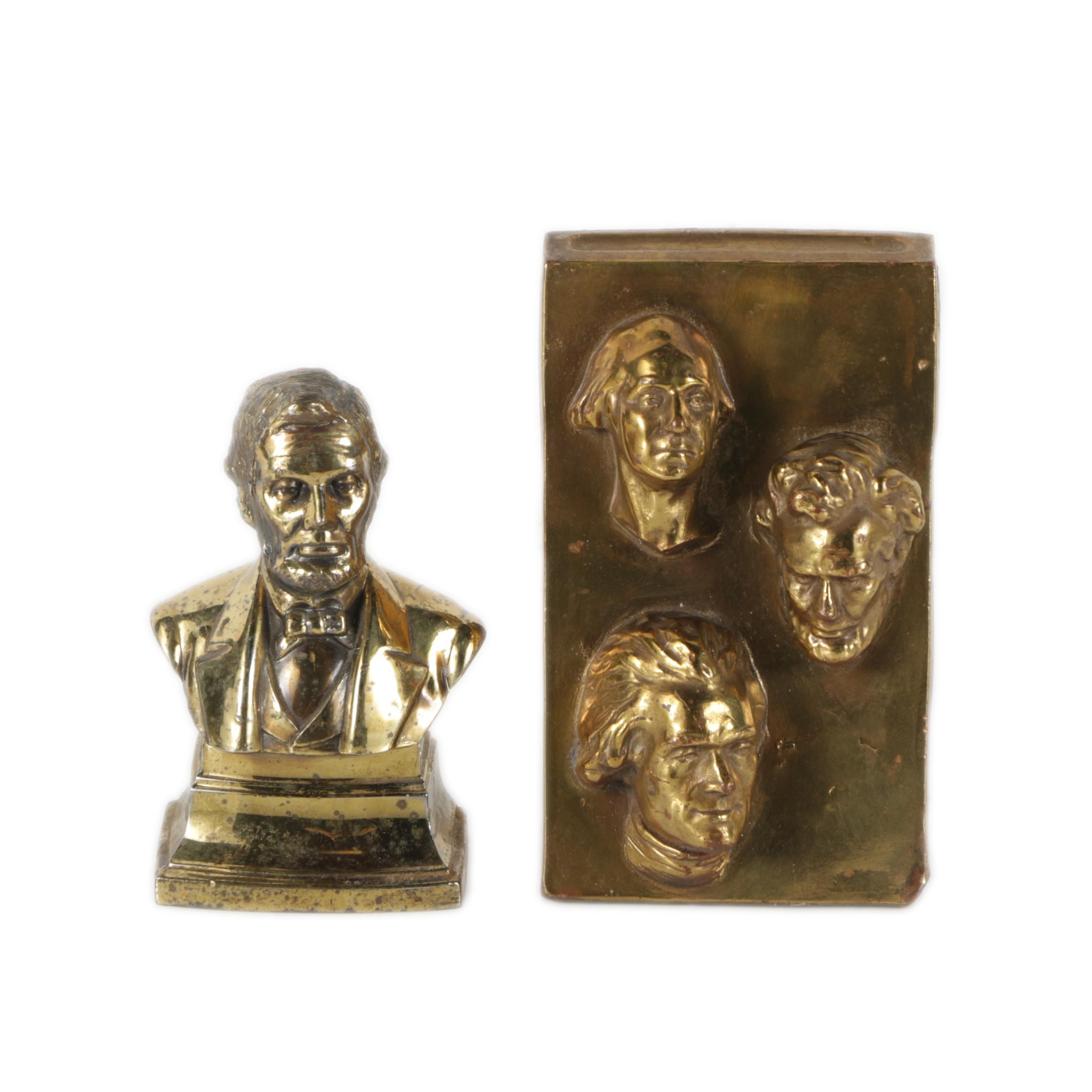 Brass Tone Bust of Abraham Lincoln and Marion Bronze Company "President" Bookend