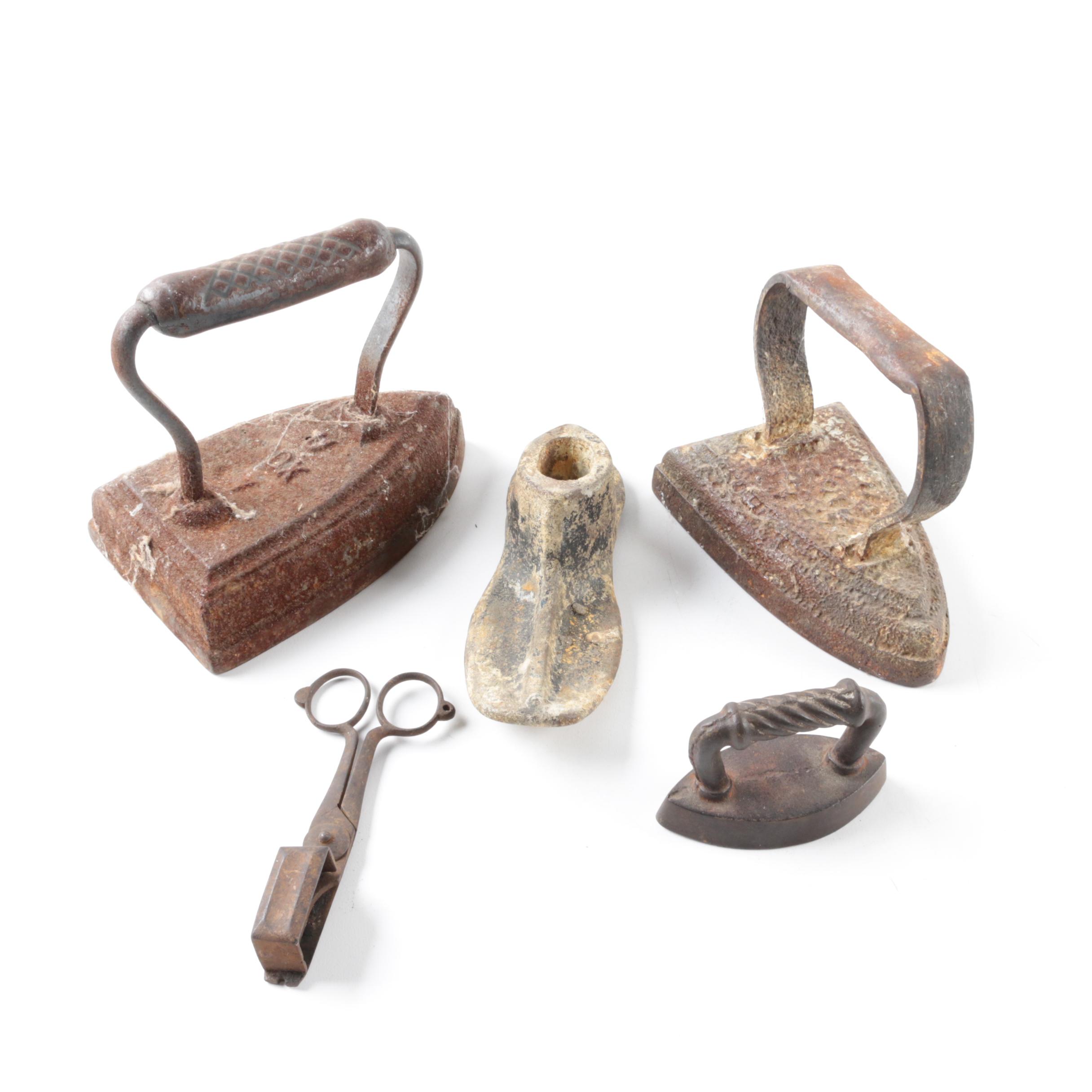 Antique Wick Cutter, Sad Irons and Shoe Form