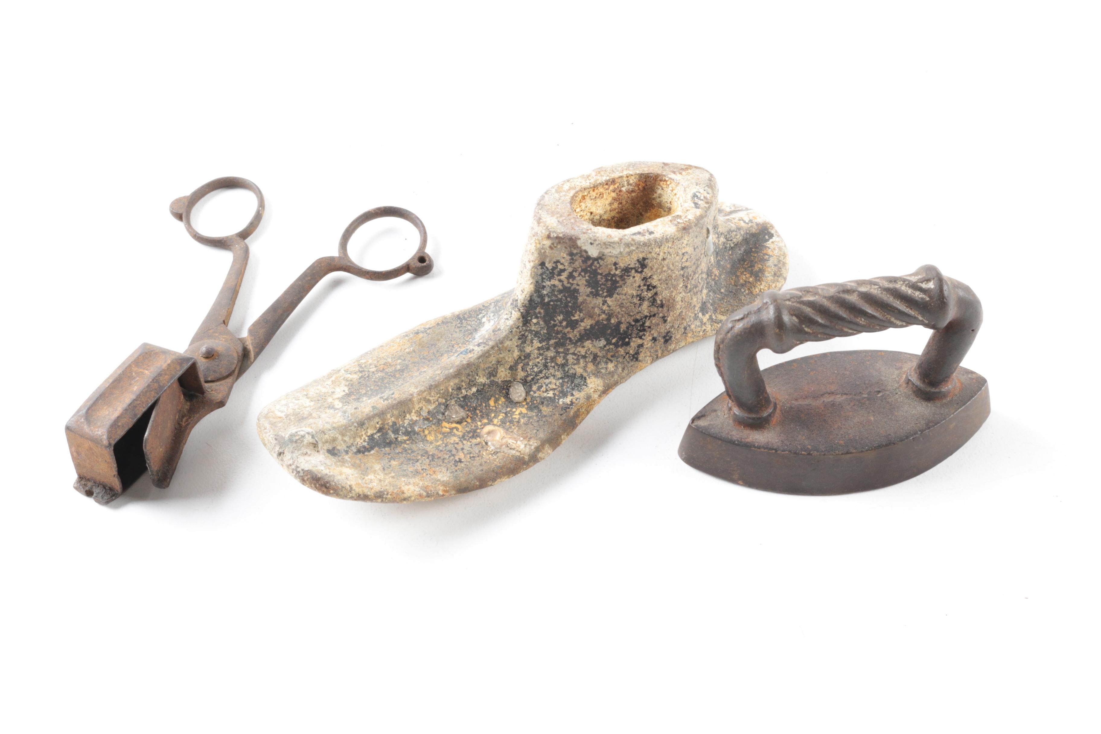 Antique Wick Cutter, Sad Irons and Shoe Form