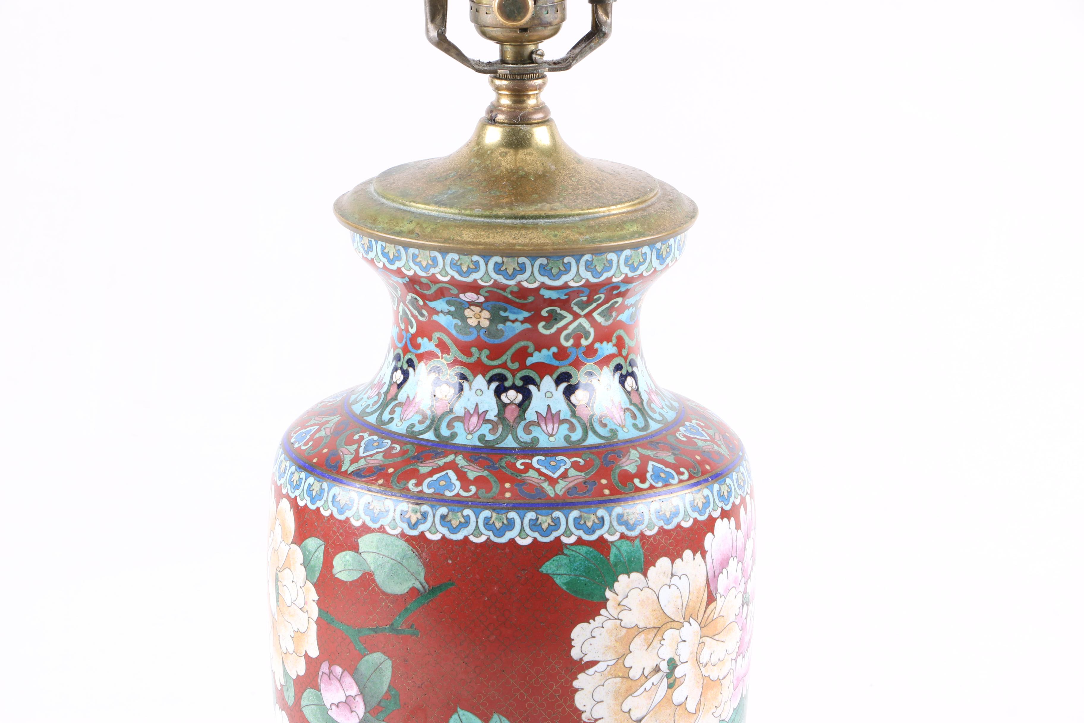 Metal Table Lamp with Painted Floral and Bird Motifs