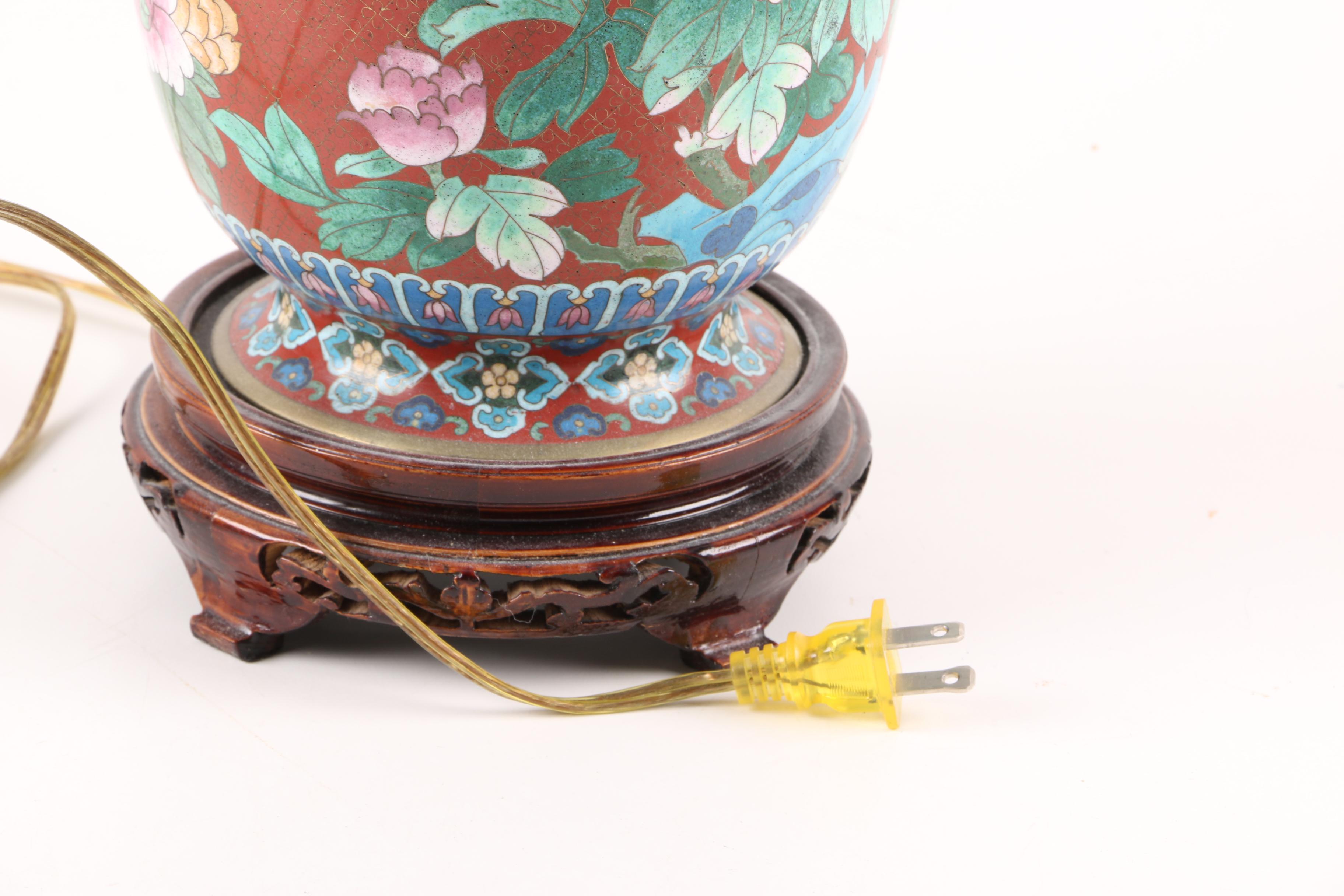 Metal Table Lamp with Painted Floral and Bird Motifs
