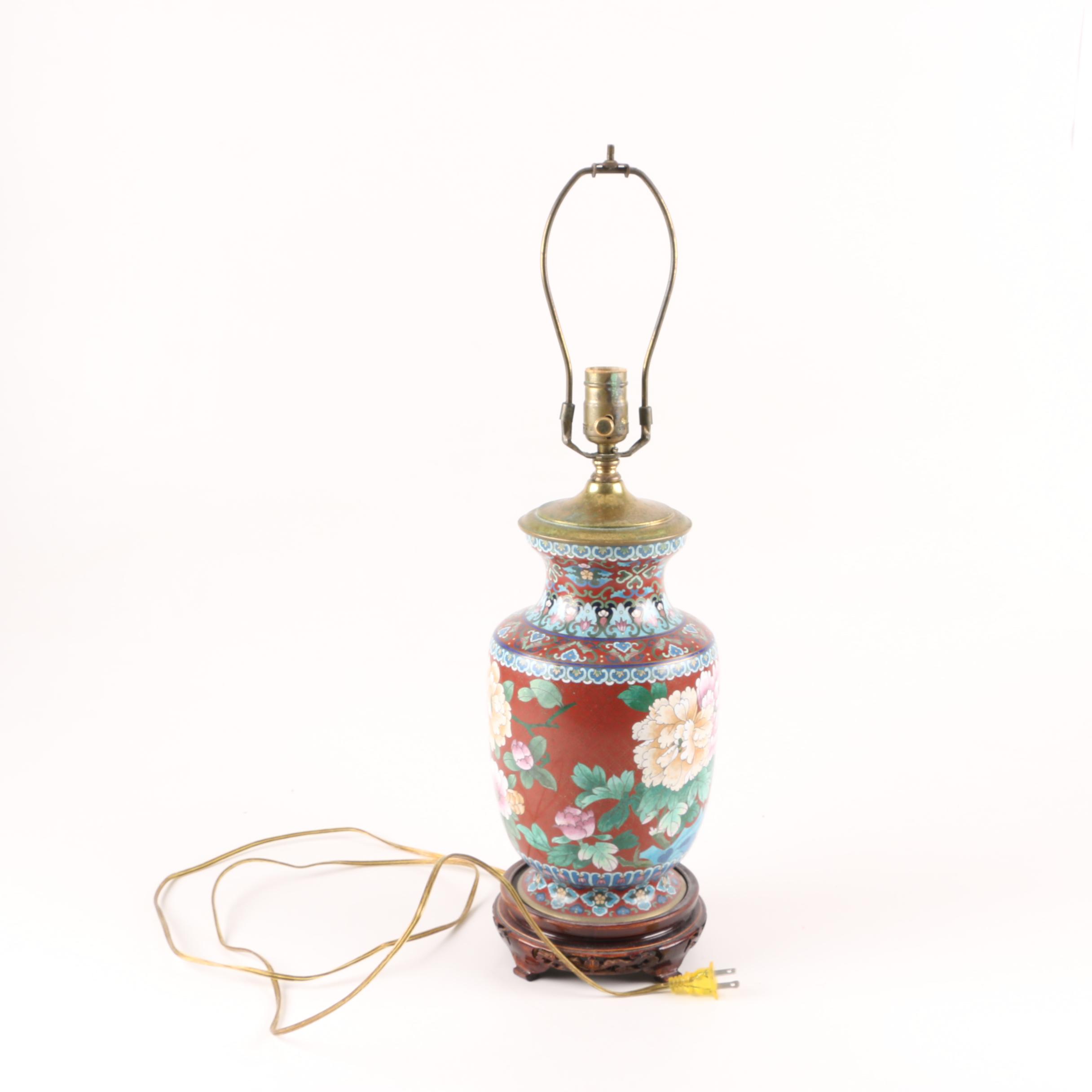 Metal Table Lamp with Painted Floral and Bird Motifs