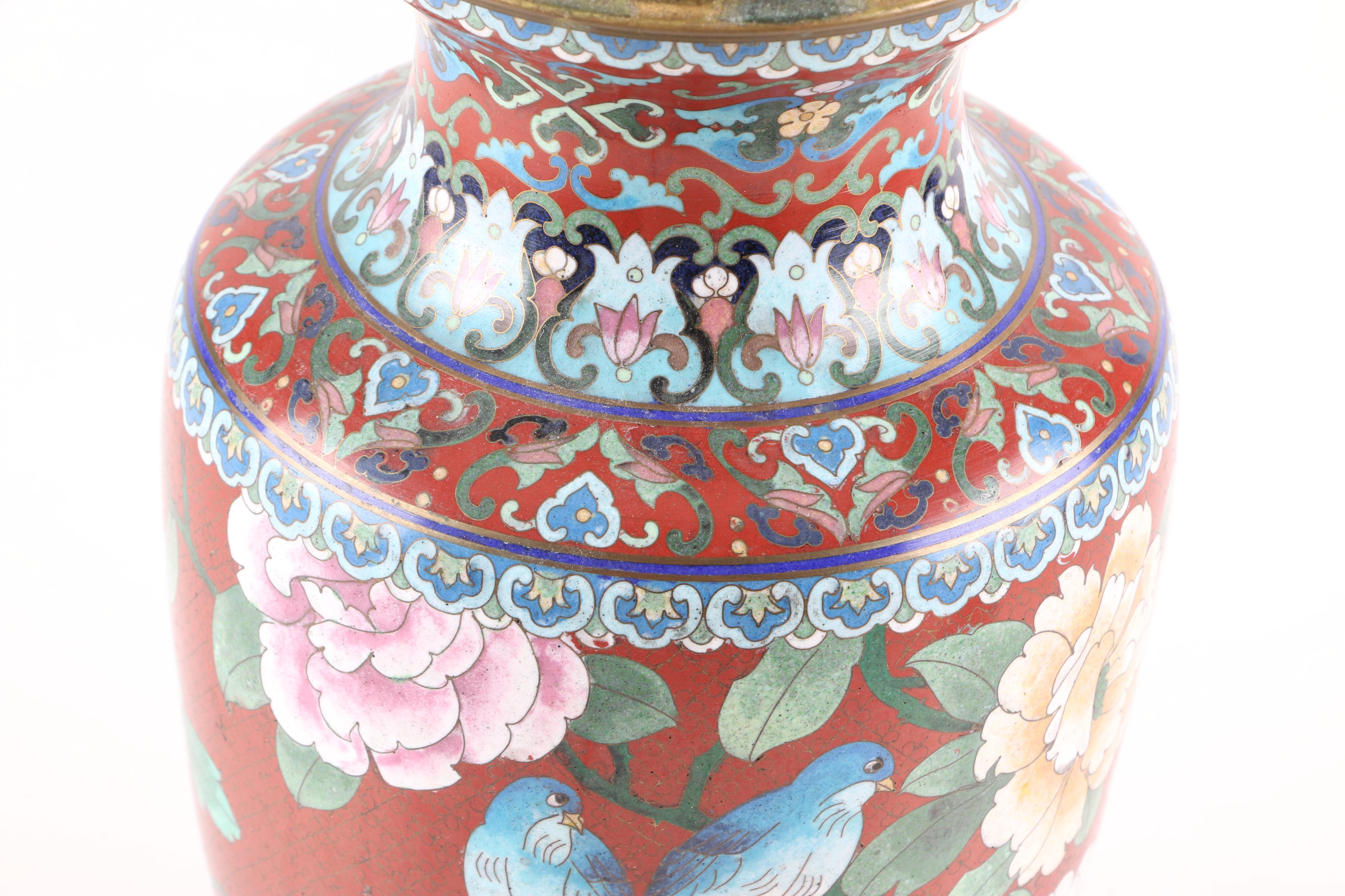 Metal Table Lamp with Painted Floral and Bird Motifs