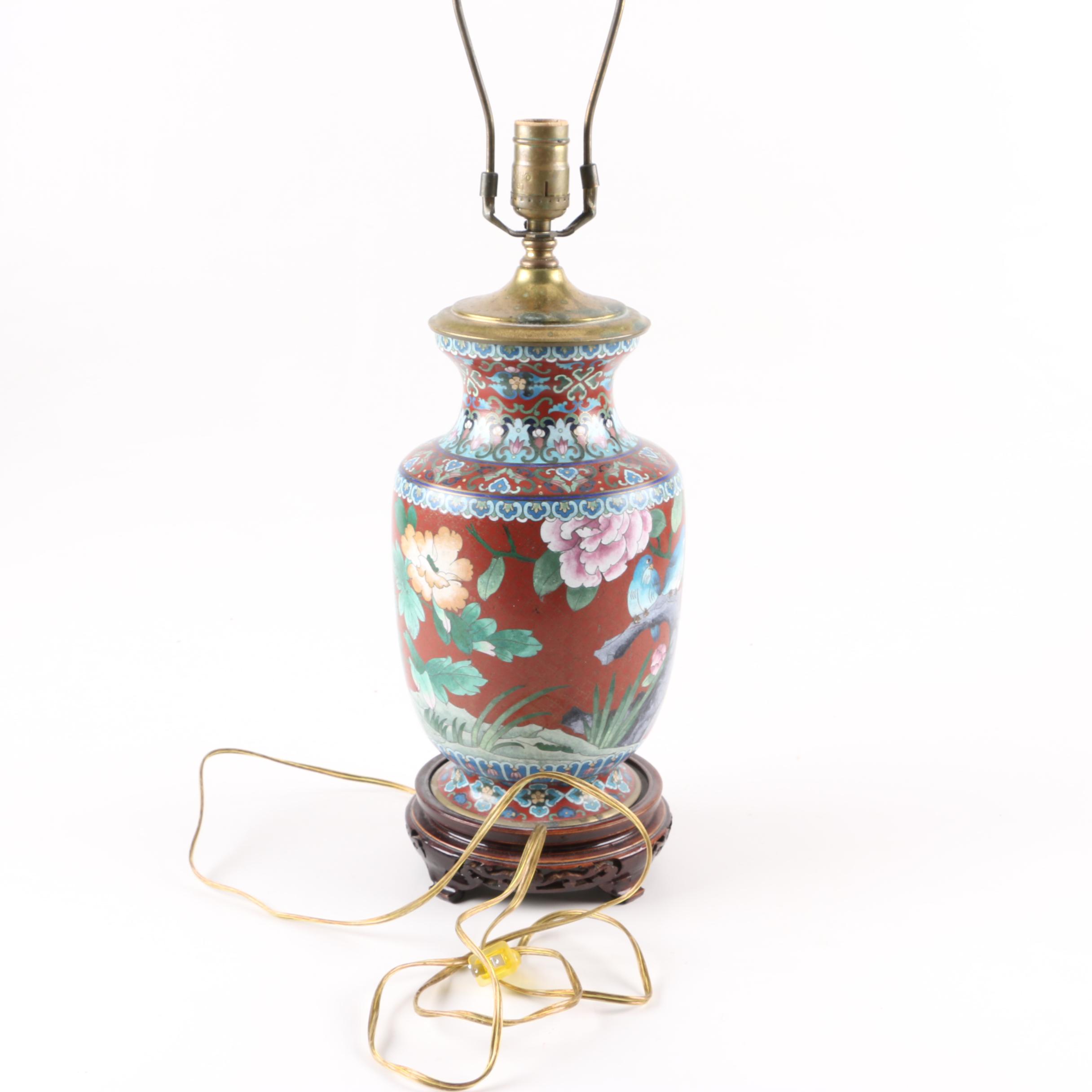 Metal Table Lamp with Painted Floral and Bird Motifs