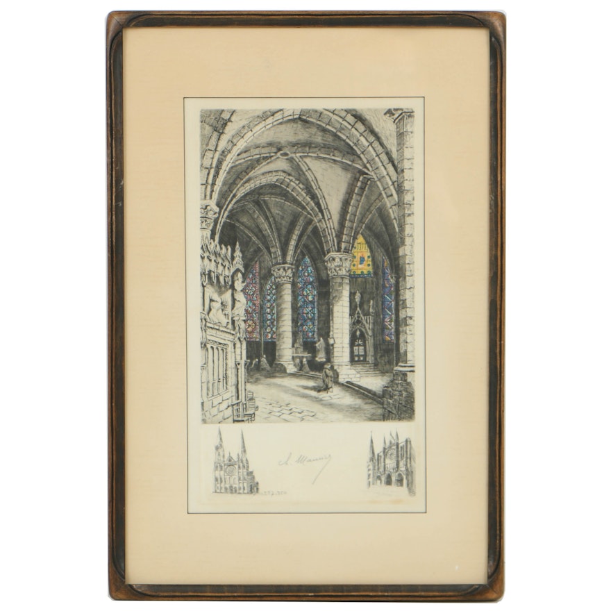 Charles Maurice Hand-Colored Etching of Chartres Cathedral Interior