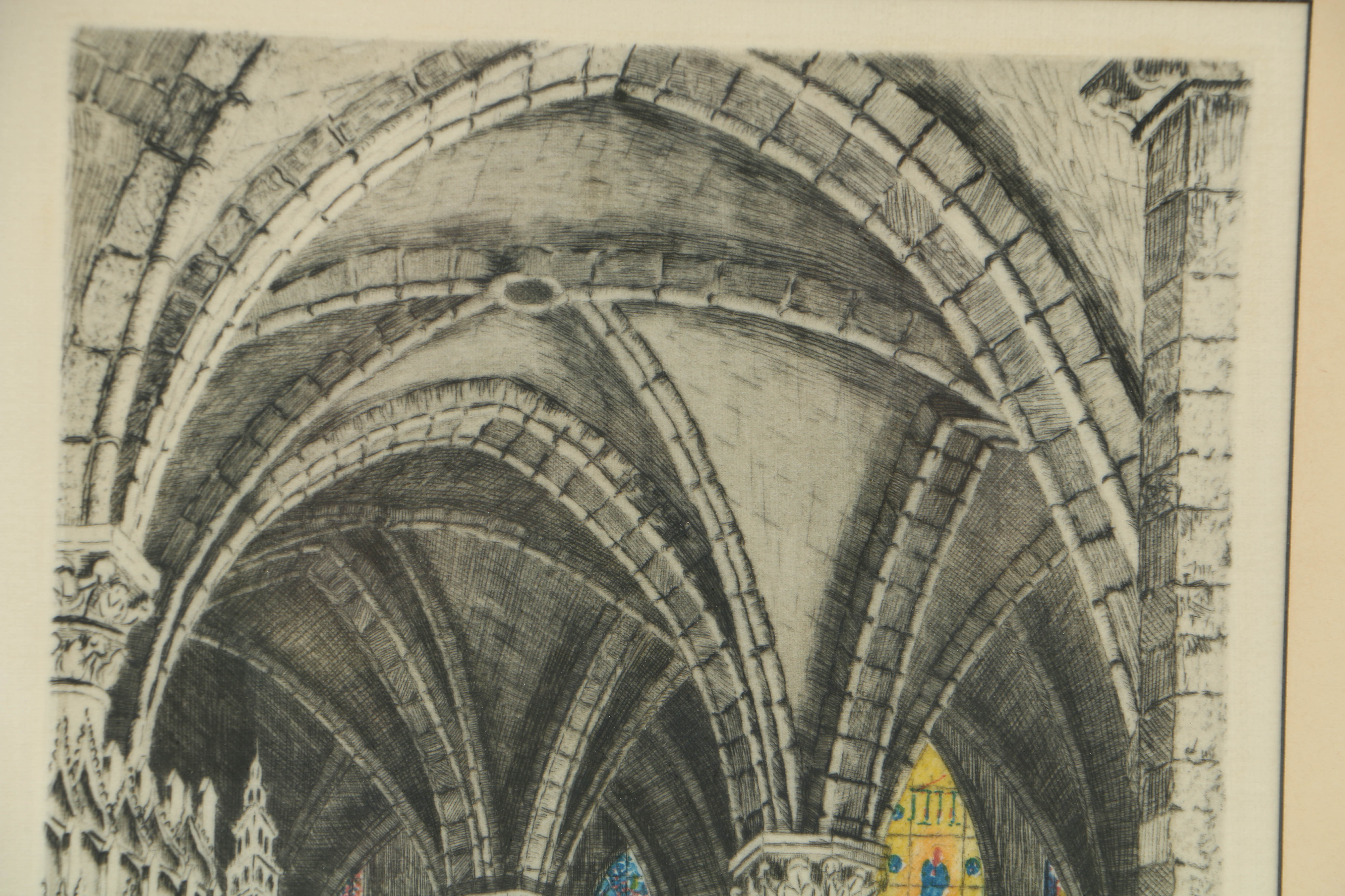 Charles Maurice Hand-Colored Etching of Chartres Cathedral Interior