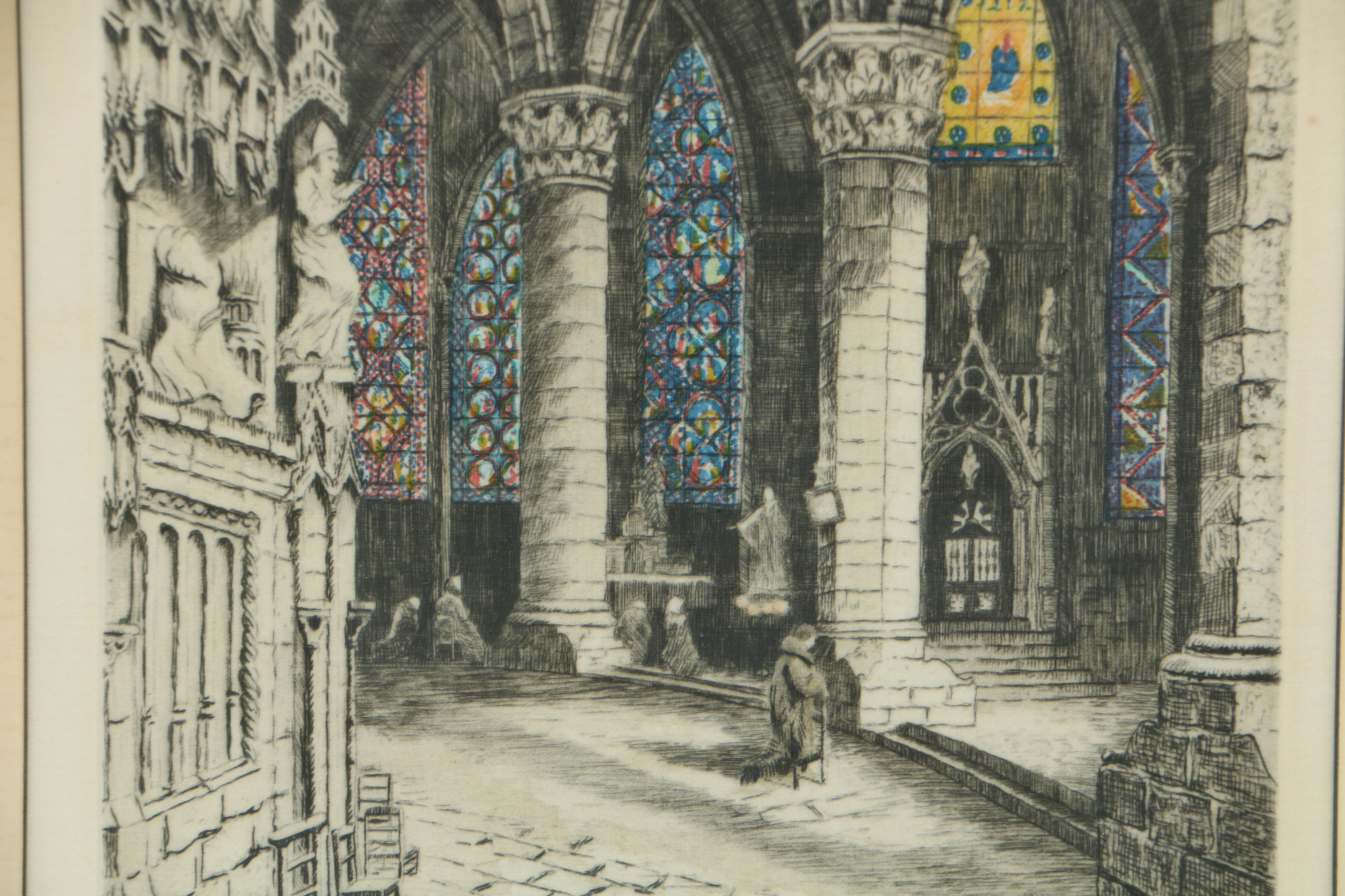Charles Maurice Hand-Colored Etching of Chartres Cathedral Interior