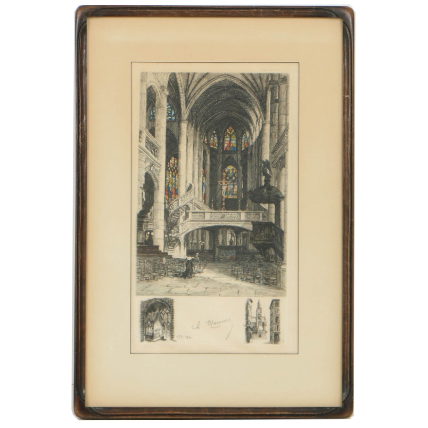 Charles Maurice Hand-Colored Etching of Saint-Étienne-du-Mont Interior