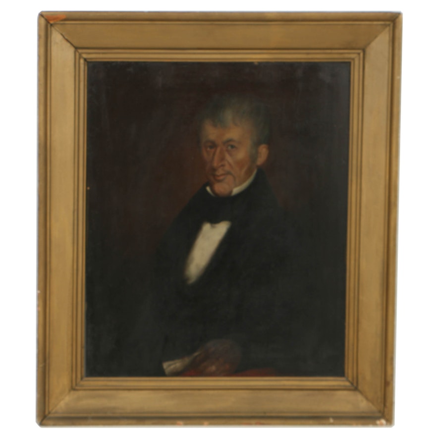 19th Century Folk Style Oil Portrait on Wood Panel of a Gentleman