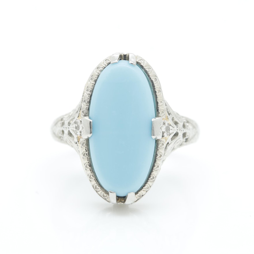 Art Deco 14K White Gold Reconstituted Turquoise Ring