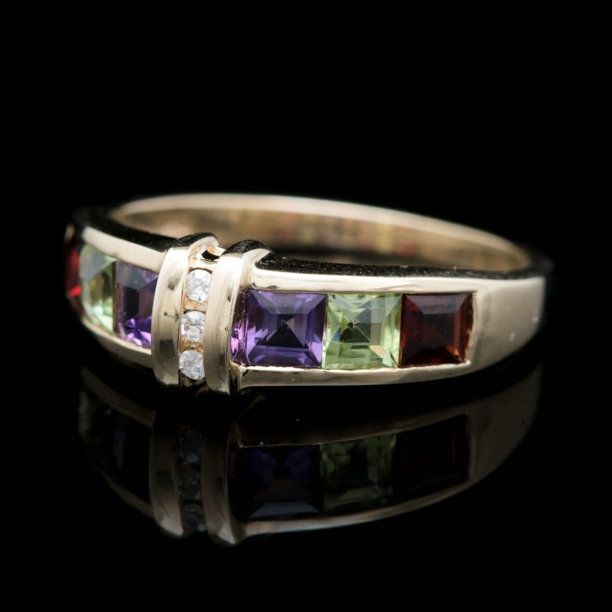 10K Yellow Gold, Diamond, Amethyst, Peridot and Garnet Ring