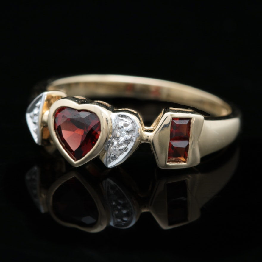 10K Yellow Gold, Garnet and Diamond Heart and Arrow Ring