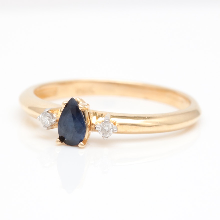 14K Yellow Gold, Blue Sapphire and Diamond Ring