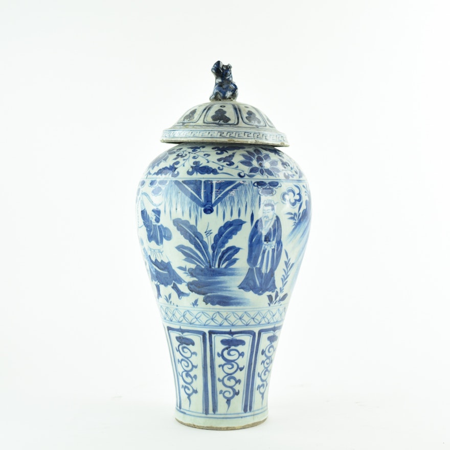 Blue and White Chinese Stoneware Lidded Urn